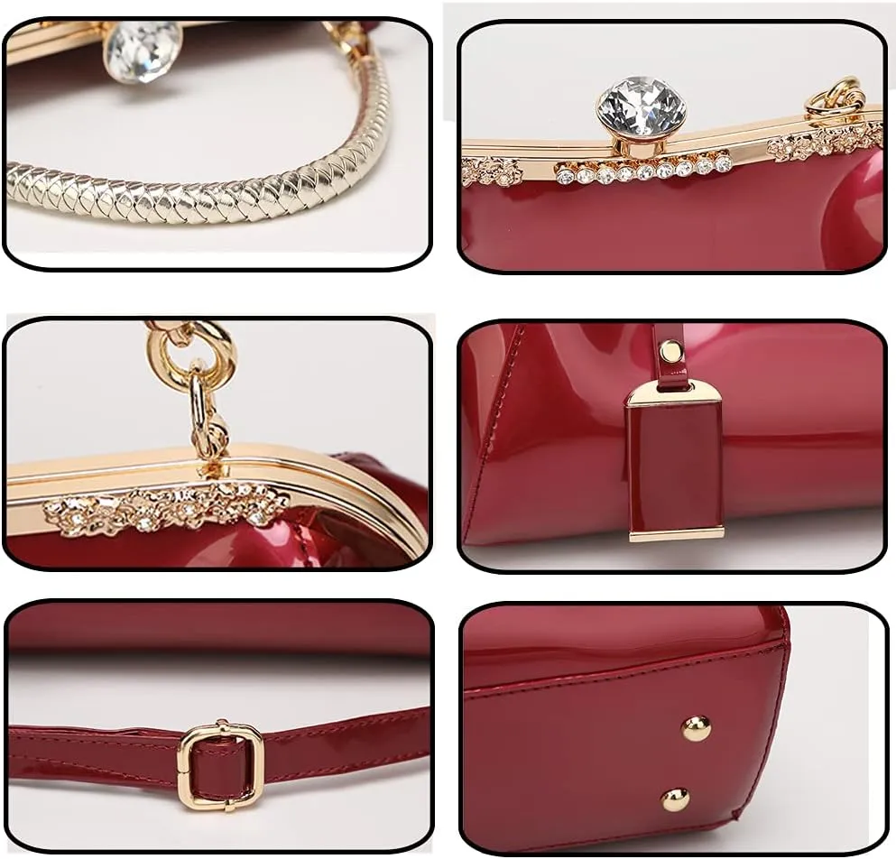 Dayfine Handbags for Women Glossy Patent Leather Top Handle Purse Crystal Buckle Satchel Bag Evening Tote Bags Shoulder Bag