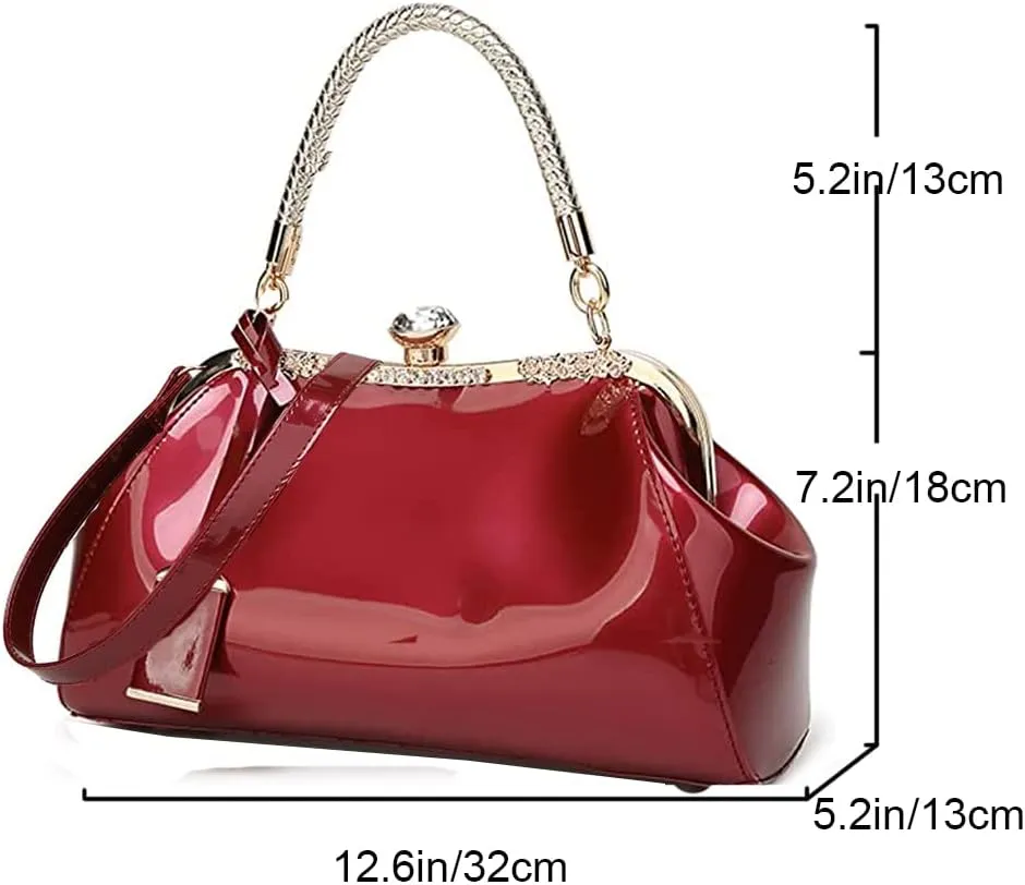 Dayfine Handbags for Women Glossy Patent Leather Top Handle Purse Crystal Buckle Satchel Bag Evening Tote Bags Shoulder Bag