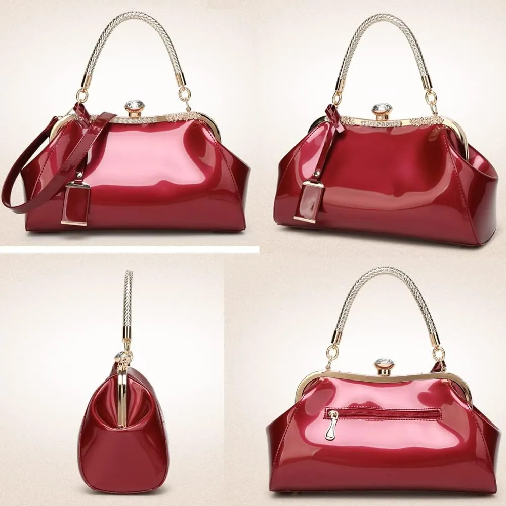 Dayfine Handbags for Women Glossy Patent Leather Top Handle Purse Crystal Buckle Satchel Bag Evening Tote Bags Shoulder Bag