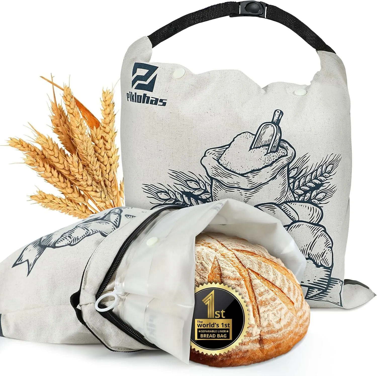 Detachable Sourdough Bread Bags, Piklohas 2 Sets Bread Storage for Homemade Sourdough, Reusable Linen Food Storage with Lining & Triple Lock for Fresh Keeping, BPA Free, Ideal for Mother's Day Gifts