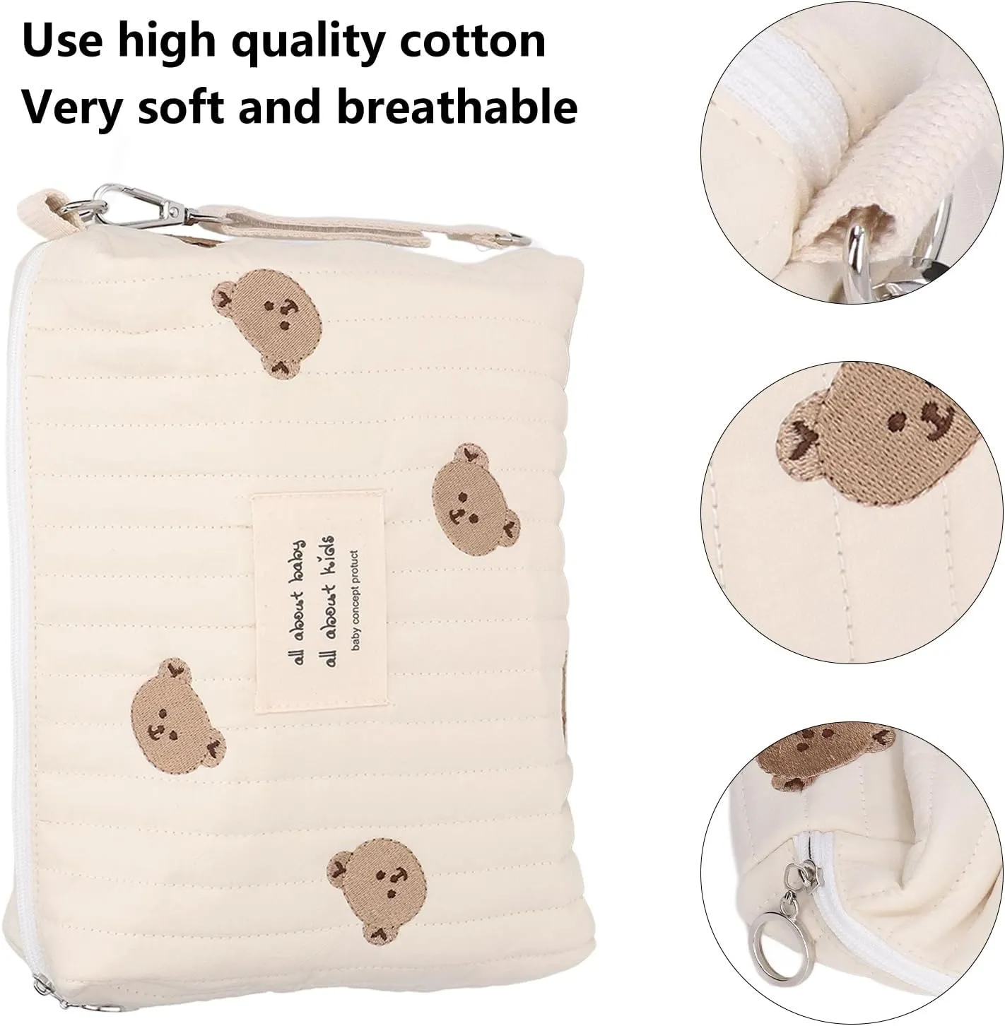 Diaper Bag, Small Diaper Bag Tote Baby Tote Bag Quilted Cotton Cute Pattern Nappy Diaper Storage Bag with Stroller Hooks Portable Stroller Baby Diaper Bag for Baby Bottles (bear