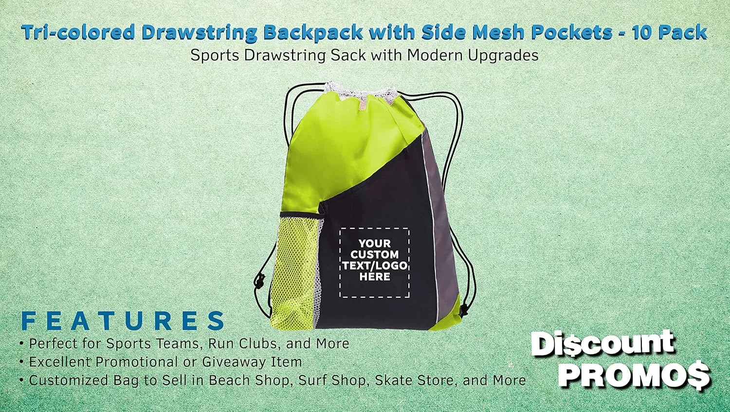 DISCOUNT PROMOS 10 Side Mesh Pockets Drawstring Backpacks Set - Customizable Text, Logo - Tri Color, Front Pocket, Side Mesh - Lime Green