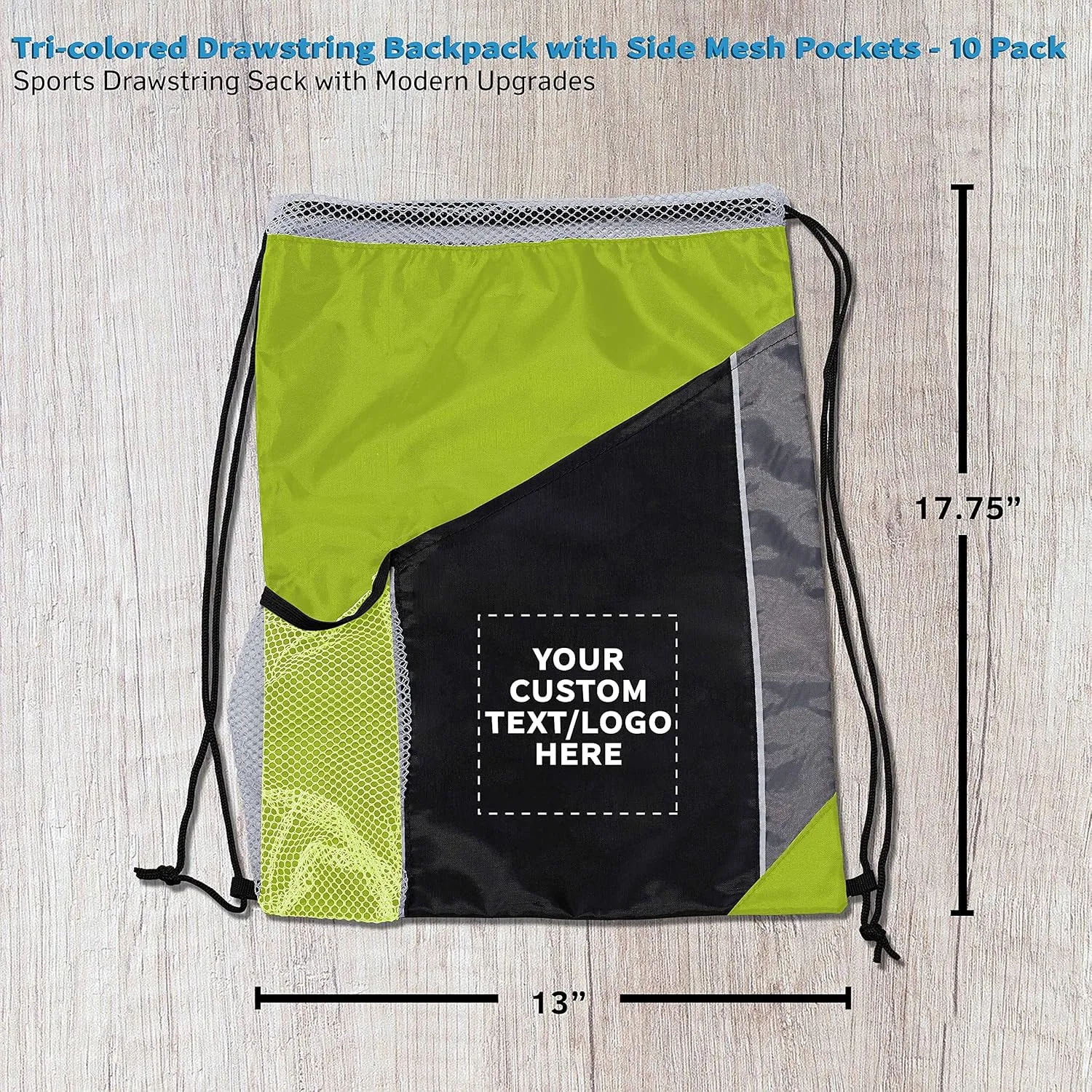 DISCOUNT PROMOS 10 Side Mesh Pockets Drawstring Backpacks Set - Customizable Text, Logo - Tri Color, Front Pocket, Side Mesh - Lime Green