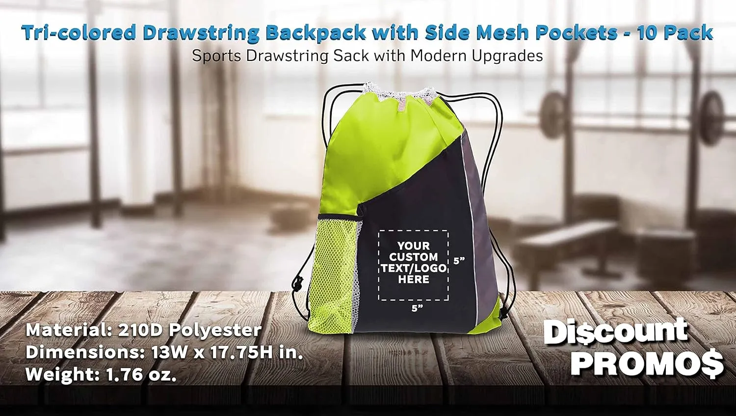 DISCOUNT PROMOS 10 Side Mesh Pockets Drawstring Backpacks Set - Customizable Text, Logo - Tri Color, Front Pocket, Side Mesh - Lime Green