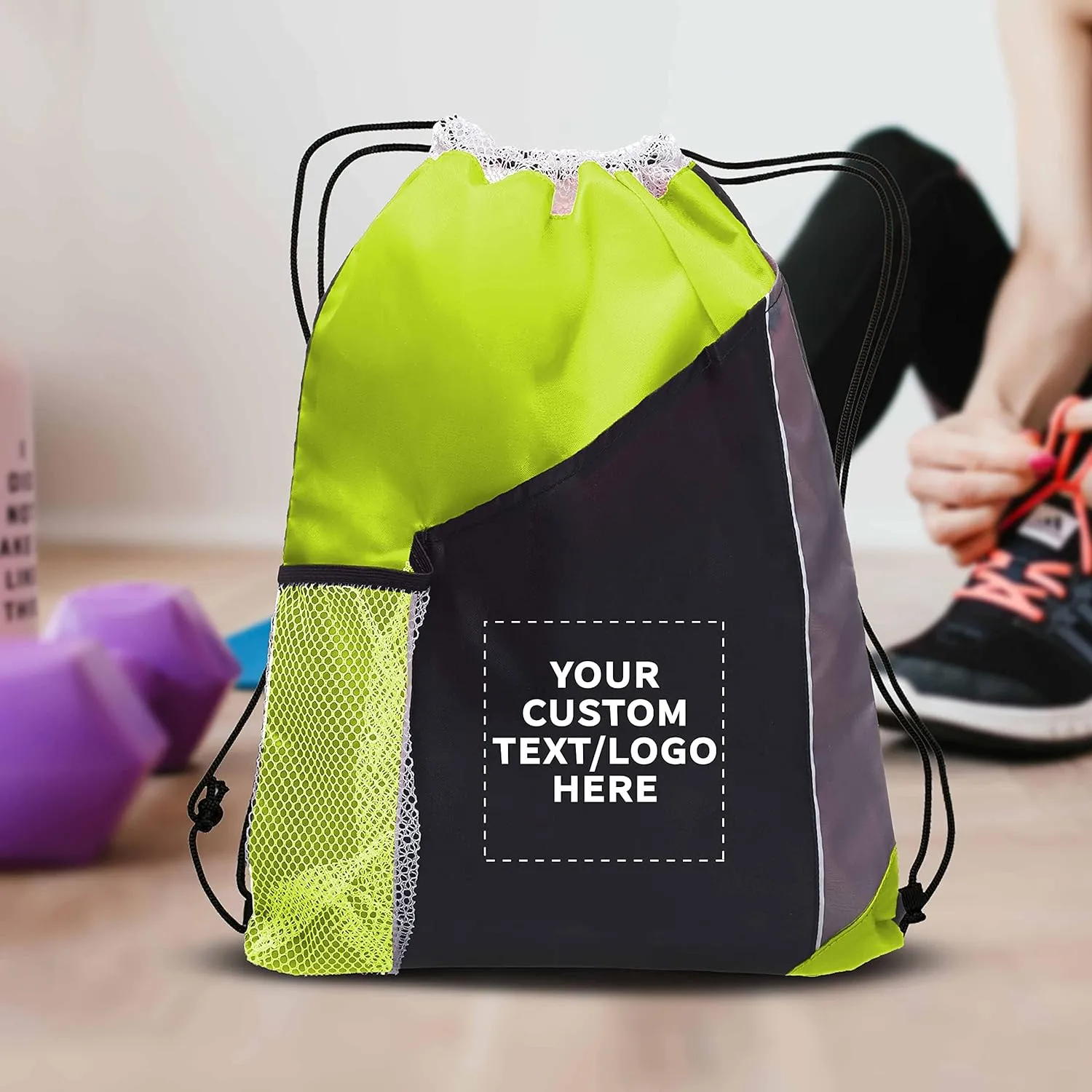 DISCOUNT PROMOS 10 Side Mesh Pockets Drawstring Backpacks Set - Customizable Text, Logo - Tri Color, Front Pocket, Side Mesh - Lime Green