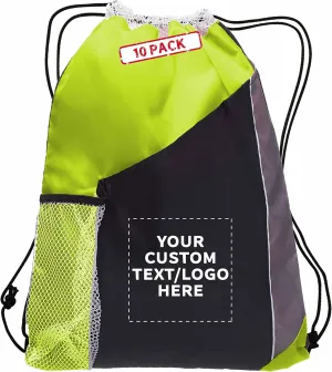 DISCOUNT PROMOS 10 Side Mesh Pockets Drawstring Backpacks Set - Customizable Text, Logo - Tri Color, Front Pocket, Side Mesh - Lime Green