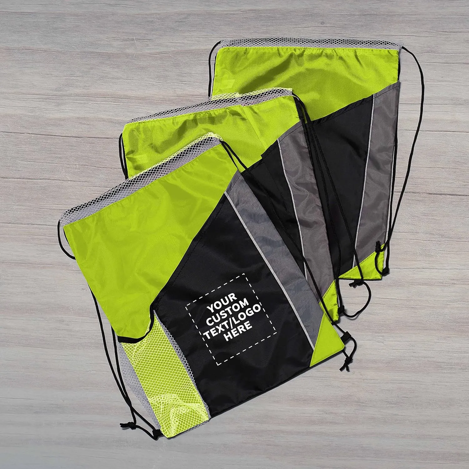 DISCOUNT PROMOS 10 Side Mesh Pockets Drawstring Backpacks Set - Customizable Text, Logo - Tri Color, Front Pocket, Side Mesh - Lime Green