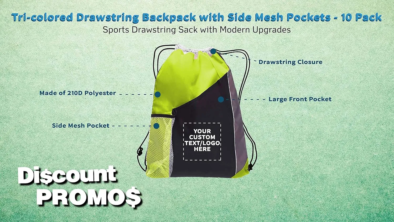 DISCOUNT PROMOS 10 Side Mesh Pockets Drawstring Backpacks Set - Customizable Text, Logo - Tri Color, Front Pocket, Side Mesh - Lime Green