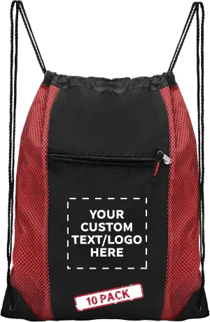 DISCOUNT PROMOS 10 Zipper Pocket Drawstring Backpacks Set - Customizable Text, Logo - Polyester, Front Mesh, Black Strap - Red