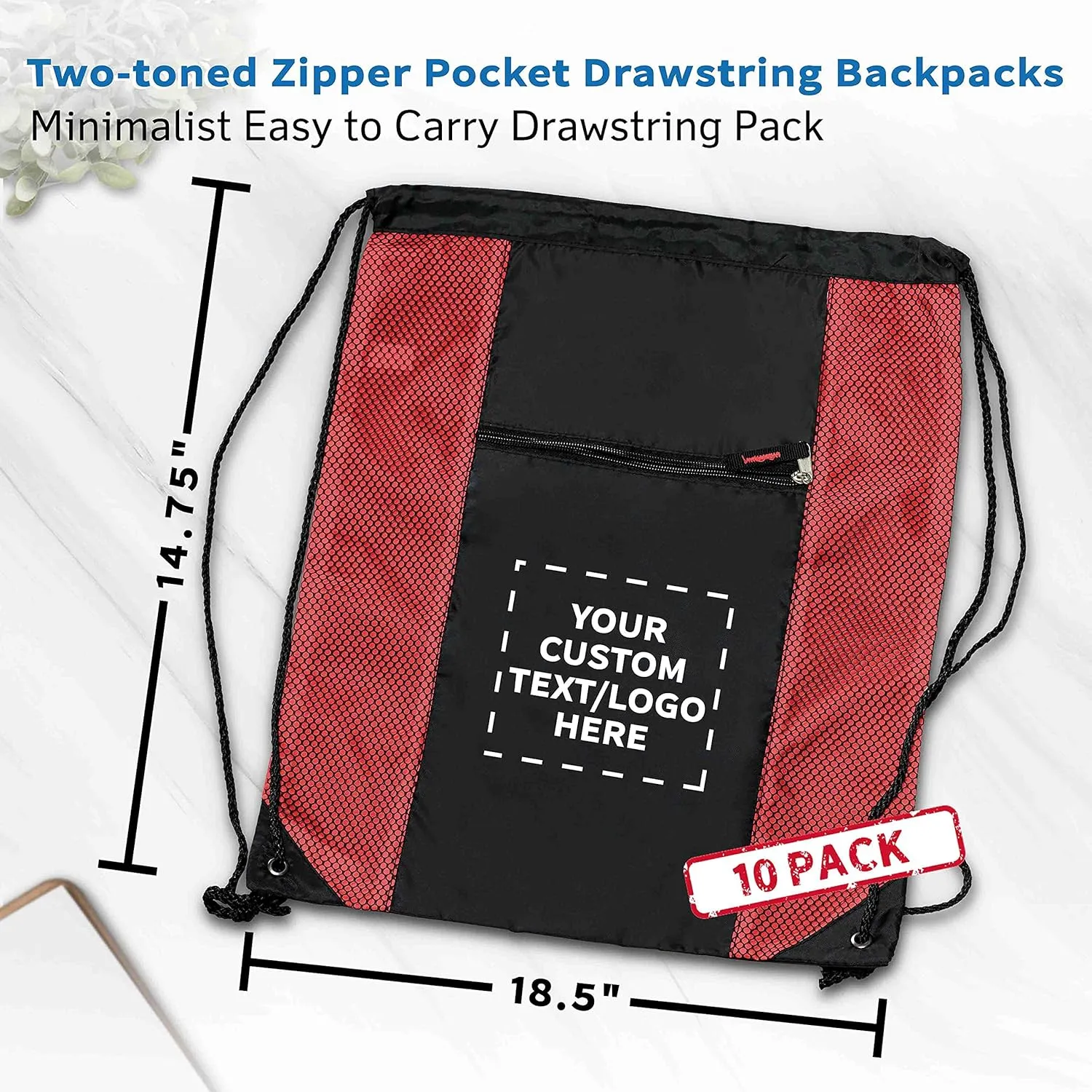 DISCOUNT PROMOS 10 Zipper Pocket Drawstring Backpacks Set - Customizable Text, Logo - Polyester, Front Mesh, Black Strap - Red