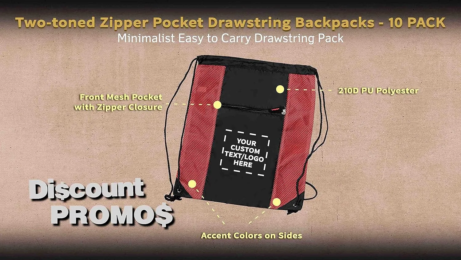 DISCOUNT PROMOS 10 Zipper Pocket Drawstring Backpacks Set - Customizable Text, Logo - Polyester, Front Mesh, Black Strap - Red
