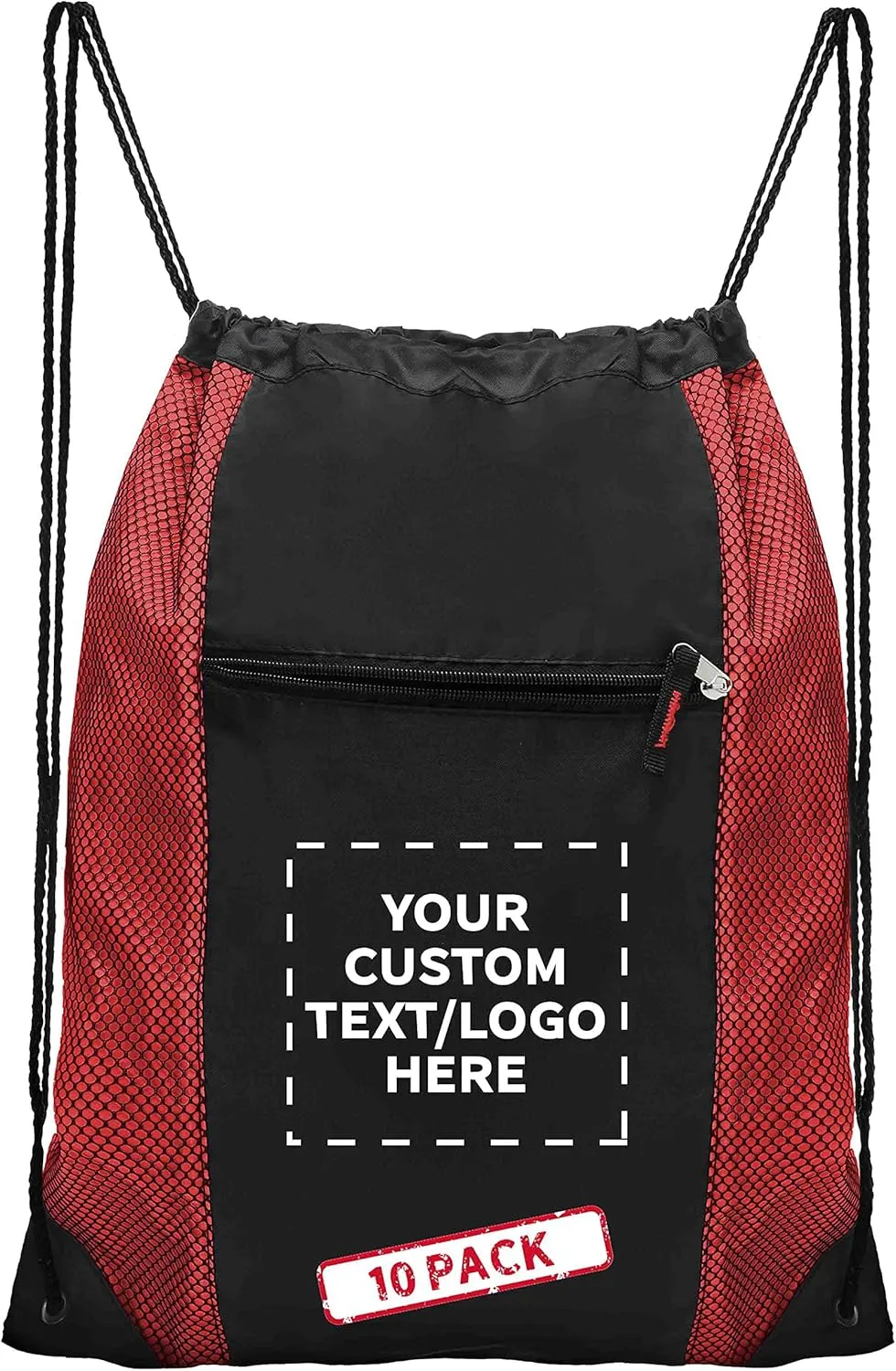 DISCOUNT PROMOS 10 Zipper Pocket Drawstring Backpacks Set - Customizable Text, Logo - Polyester, Front Mesh, Black Strap - Red