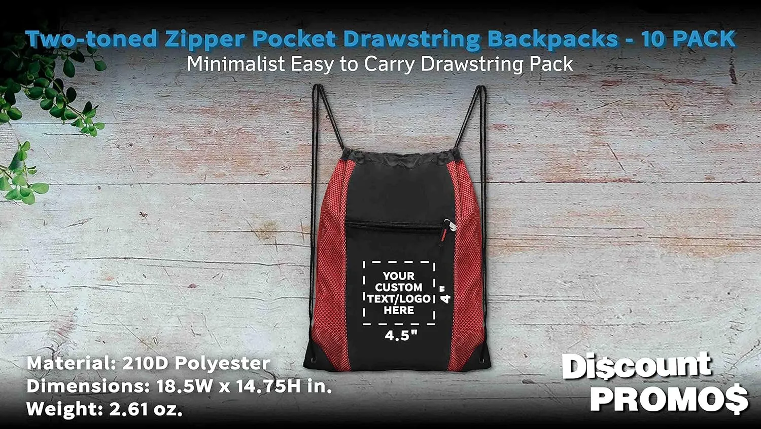 DISCOUNT PROMOS 10 Zipper Pocket Drawstring Backpacks Set - Customizable Text, Logo - Polyester, Front Mesh, Black Strap - Red