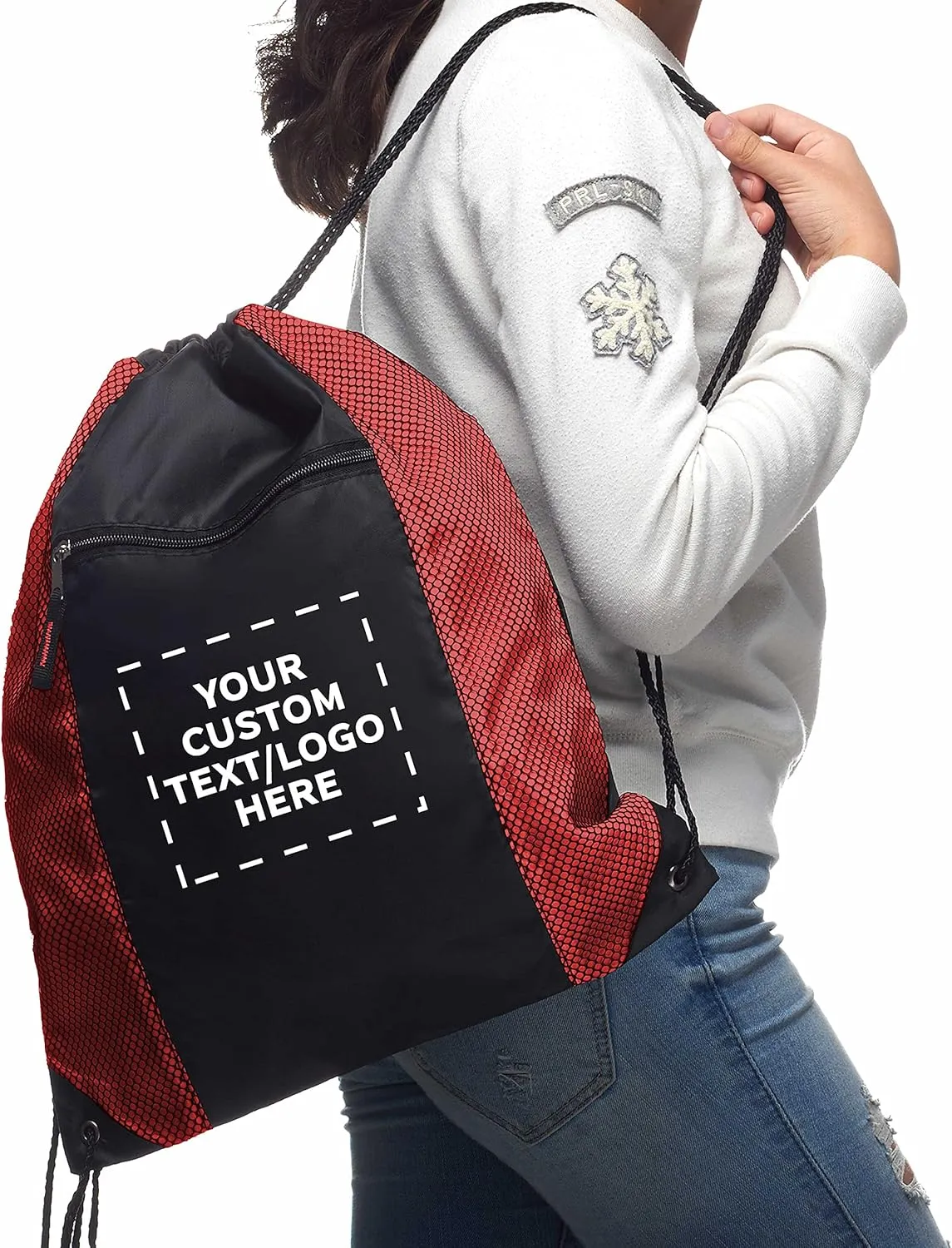 DISCOUNT PROMOS 10 Zipper Pocket Drawstring Backpacks Set - Customizable Text, Logo - Polyester, Front Mesh, Black Strap - Red