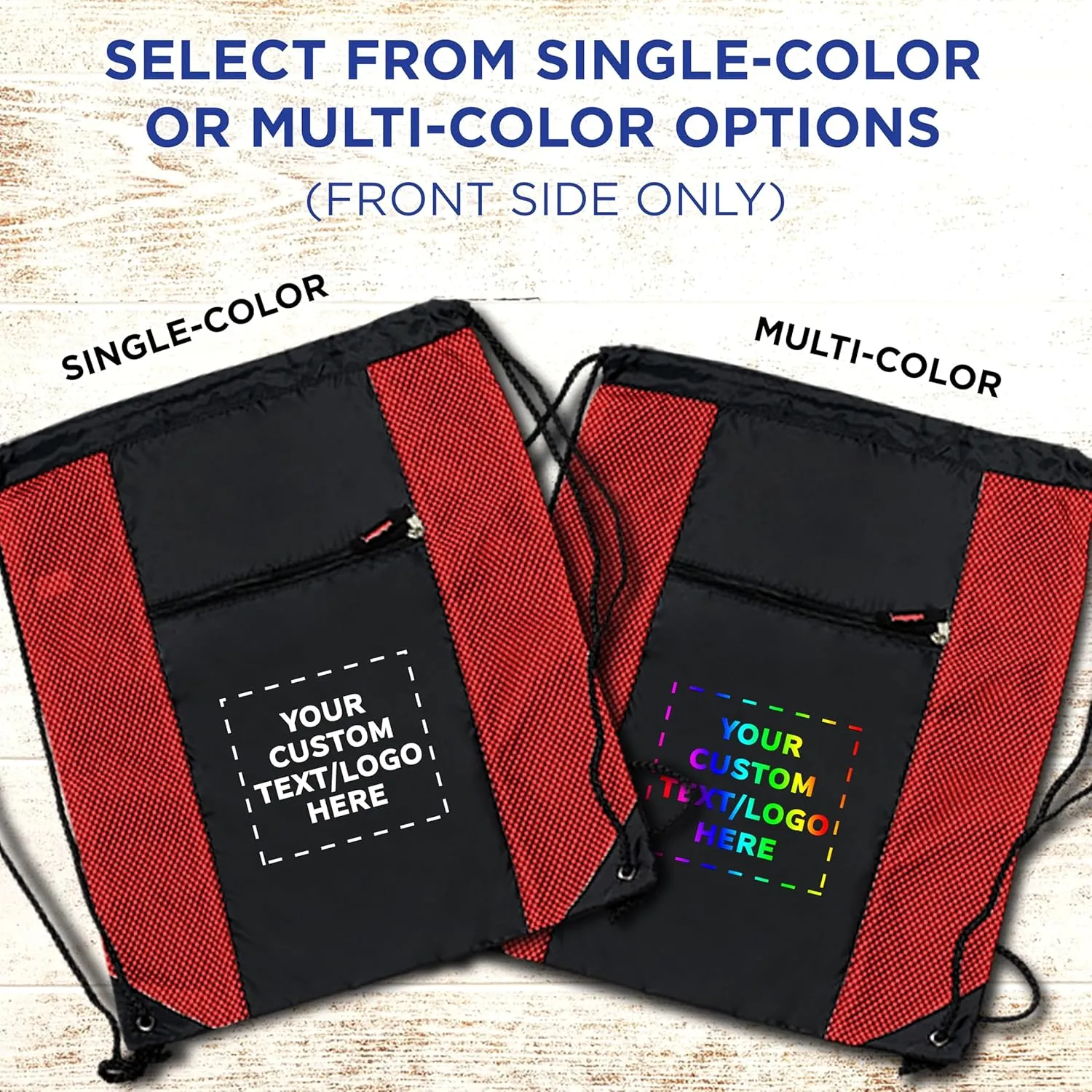 DISCOUNT PROMOS 10 Zipper Pocket Drawstring Backpacks Set - Customizable Text, Logo - Polyester, Front Mesh, Black Strap - Red