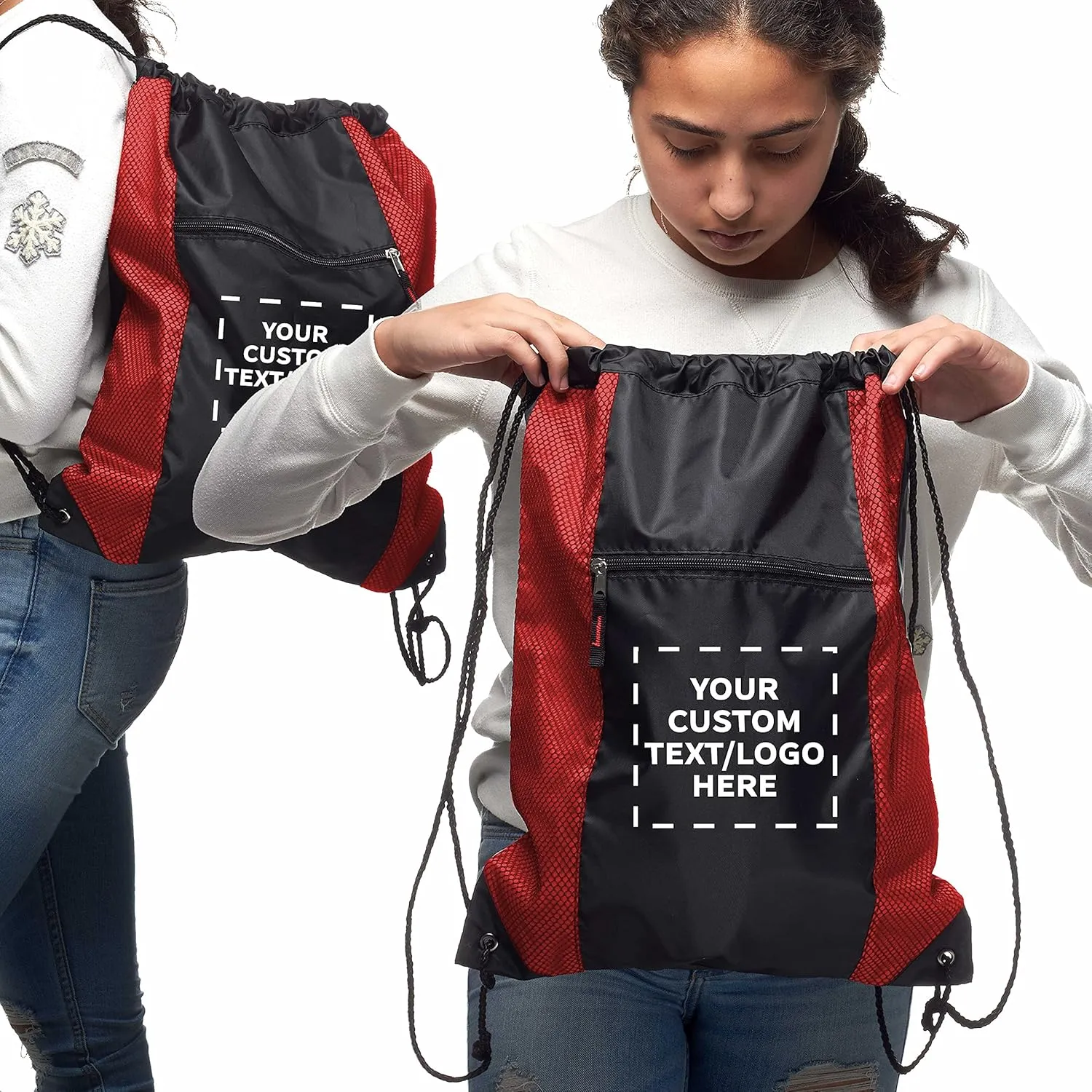 DISCOUNT PROMOS 10 Zipper Pocket Drawstring Backpacks Set - Customizable Text, Logo - Polyester, Front Mesh, Black Strap - Red