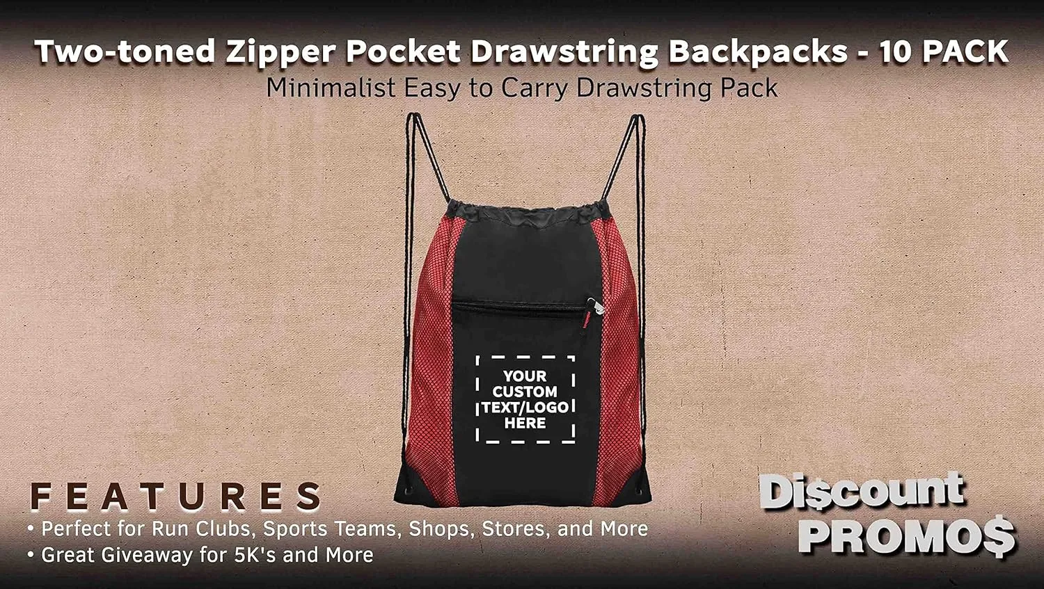 DISCOUNT PROMOS 10 Zipper Pocket Drawstring Backpacks Set - Customizable Text, Logo - Polyester, Front Mesh, Black Strap - Red
