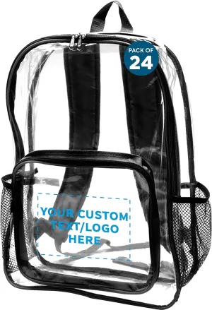 DISCOUNT PROMOS Custom Heavy Duty Clear Plastic Backpacks Set of 24, Personalized Bulk Pack - PVC, Water Resistant, Great for Travel - Clear/Black