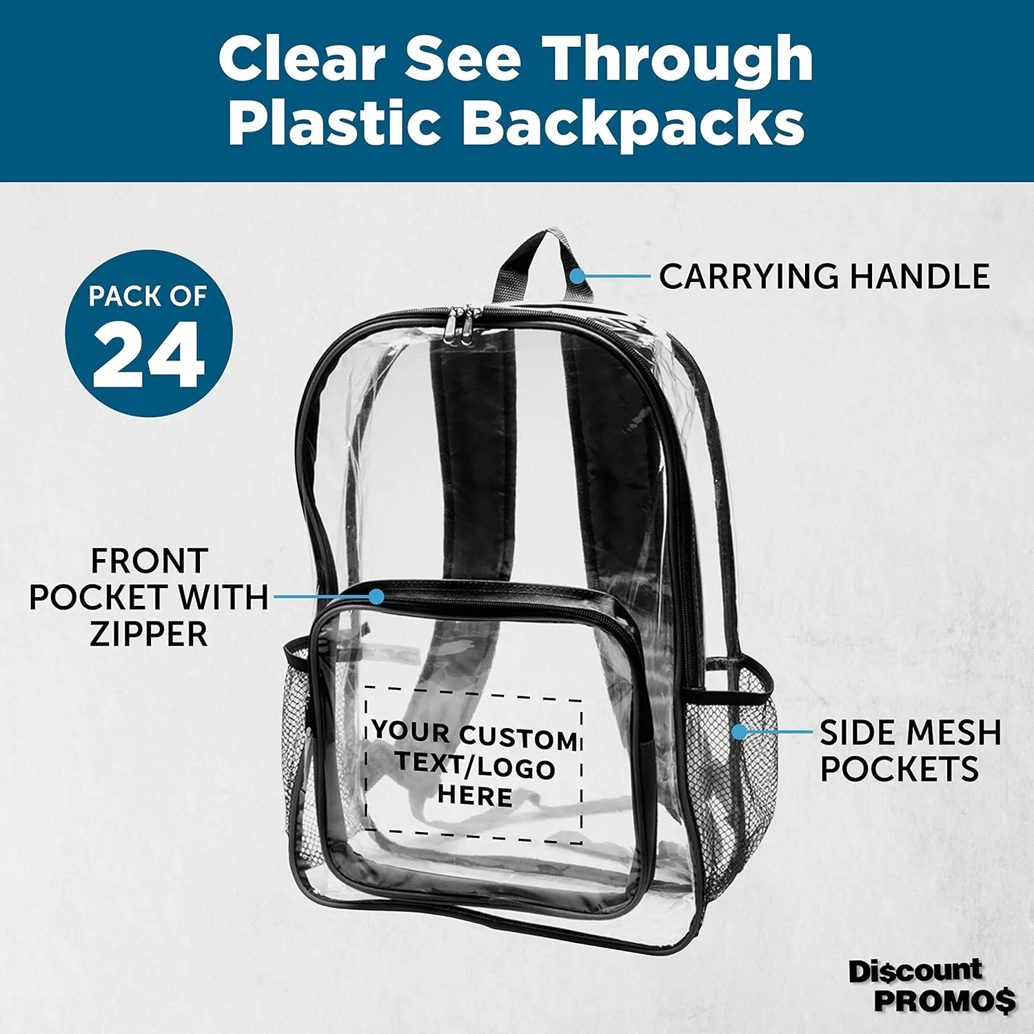 DISCOUNT PROMOS Custom Heavy Duty Clear Plastic Backpacks Set of 24, Personalized Bulk Pack - PVC, Water Resistant, Great for Travel - Clear/Black