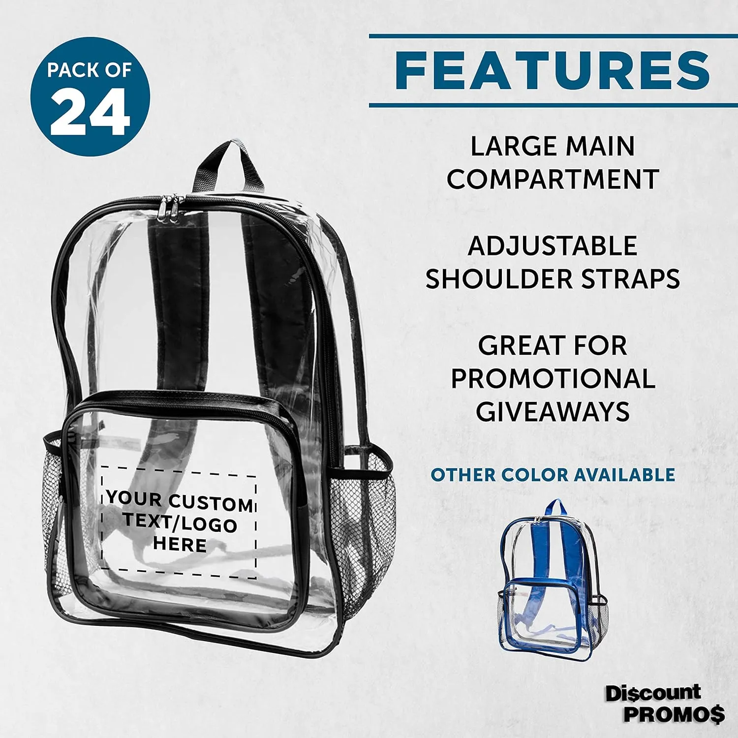 DISCOUNT PROMOS Custom Heavy Duty Clear Plastic Backpacks Set of 24, Personalized Bulk Pack - PVC, Water Resistant, Great for Travel - Clear/Black