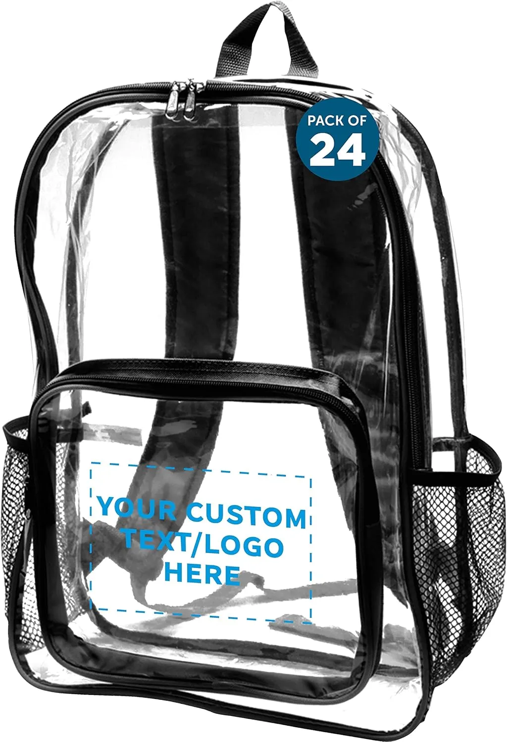 DISCOUNT PROMOS Custom Heavy Duty Clear Plastic Backpacks Set of 24, Personalized Bulk Pack - PVC, Water Resistant, Great for Travel - Clear/Black