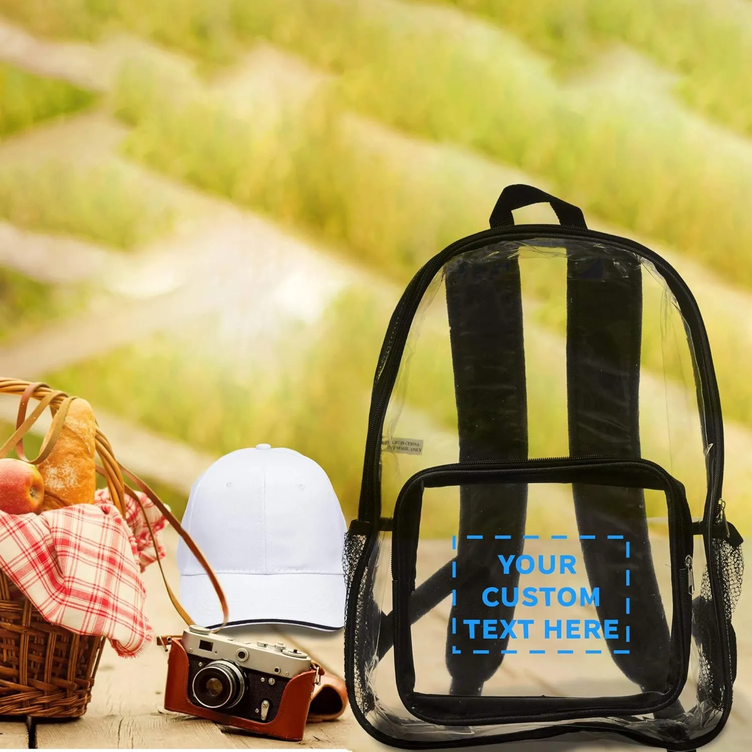DISCOUNT PROMOS Custom Heavy Duty Clear Plastic Backpacks Set of 24, Personalized Bulk Pack - PVC, Water Resistant, Great for Travel - Clear/Black