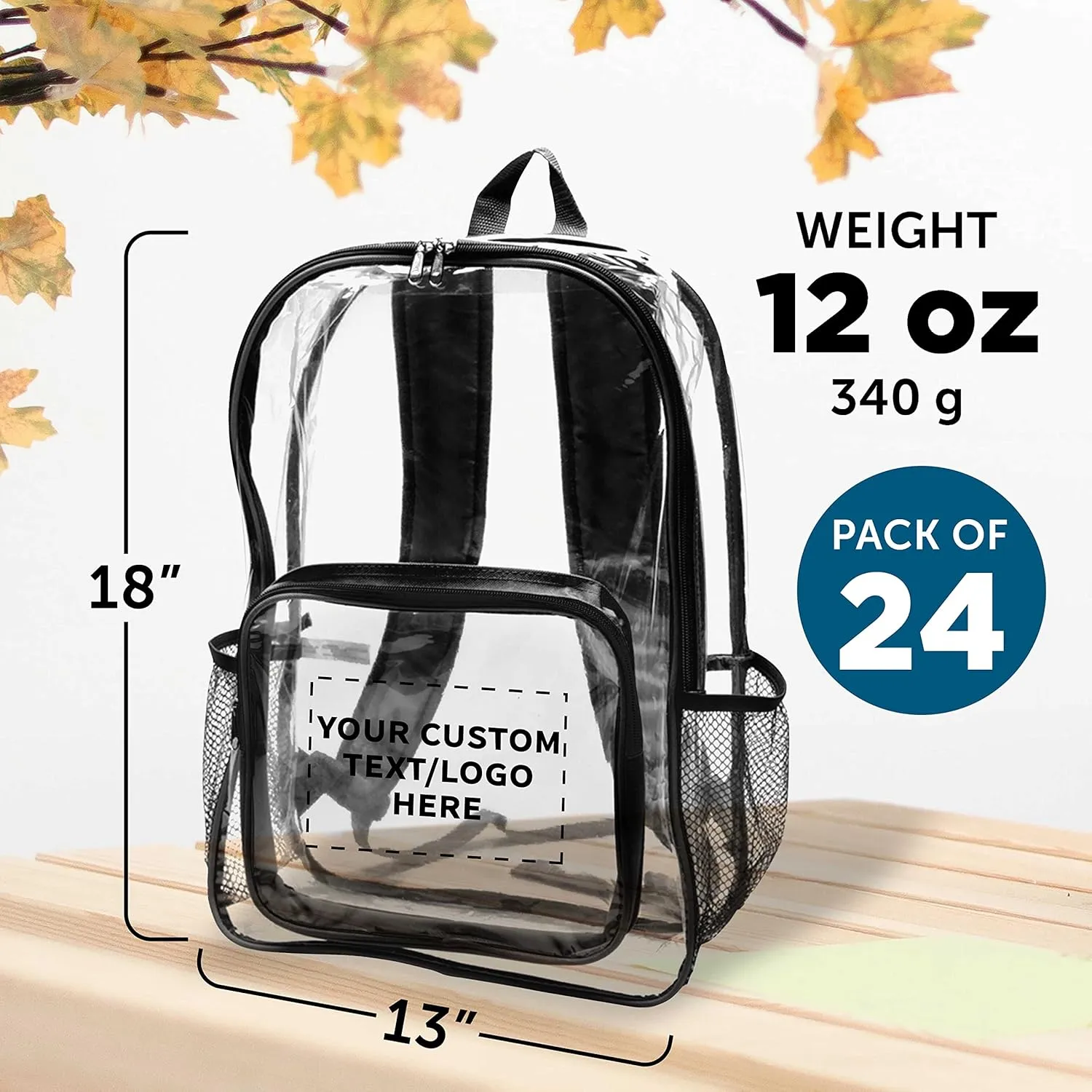 DISCOUNT PROMOS Custom Heavy Duty Clear Plastic Backpacks Set of 24, Personalized Bulk Pack - PVC, Water Resistant, Great for Travel - Clear/Black