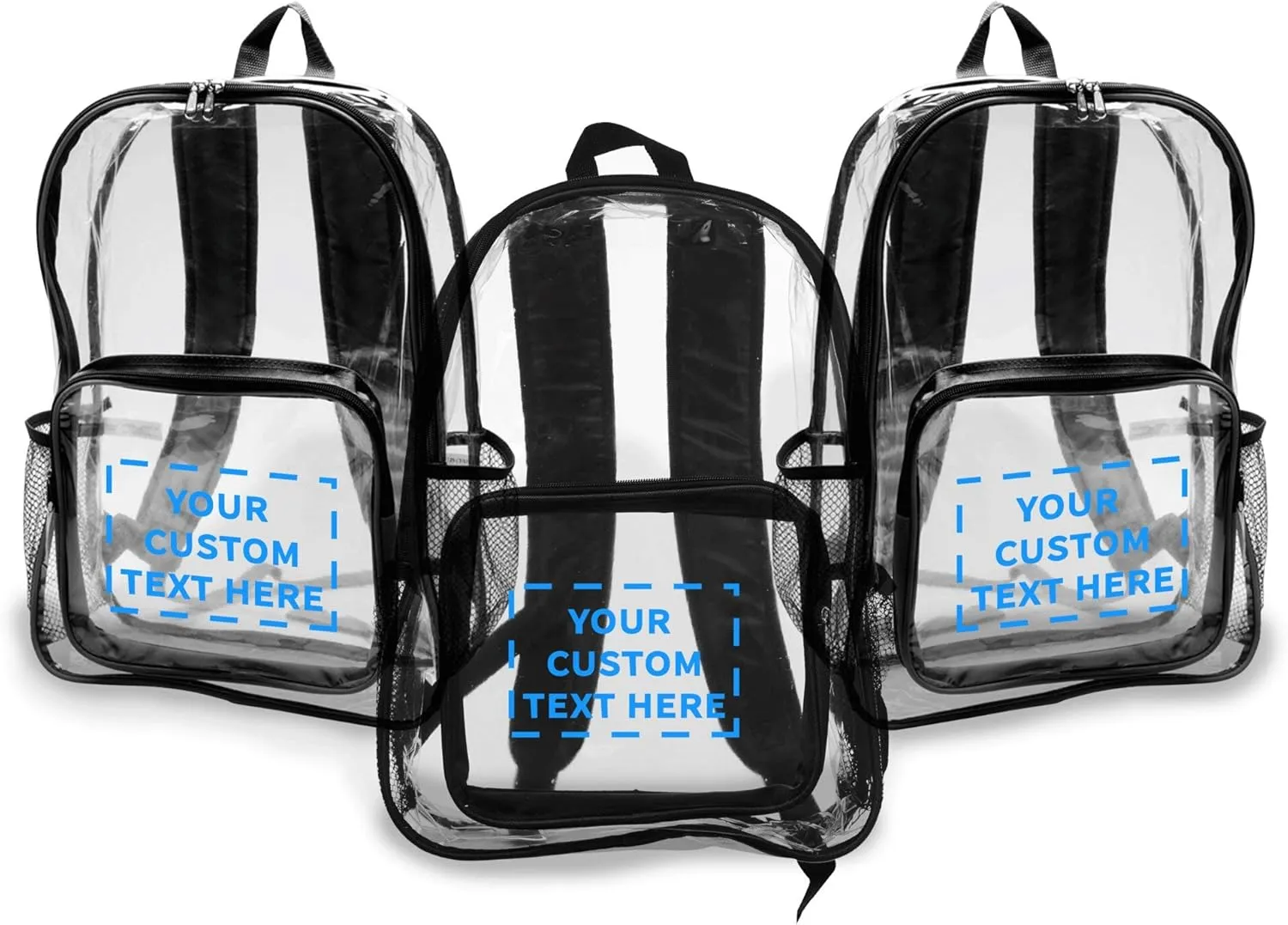 DISCOUNT PROMOS Custom Heavy Duty Clear Plastic Backpacks Set of 24, Personalized Bulk Pack - PVC, Water Resistant, Great for Travel - Clear/Black