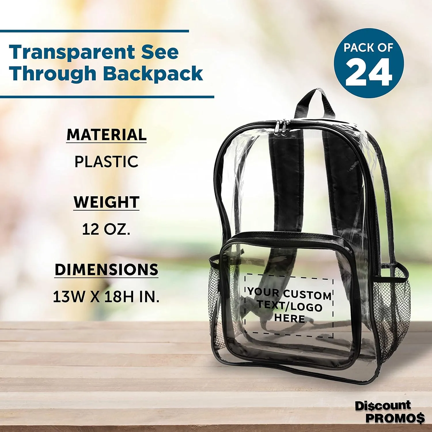 DISCOUNT PROMOS Custom Heavy Duty Clear Plastic Backpacks Set of 24, Personalized Bulk Pack - PVC, Water Resistant, Great for Travel - Clear/Black