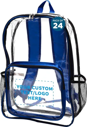 DISCOUNT PROMOS Custom Heavy Duty Clear Plastic Backpacks Set of 24, Personalized Bulk Pack - PVC, Water Resistant, Great for Travel - Clear/Blue