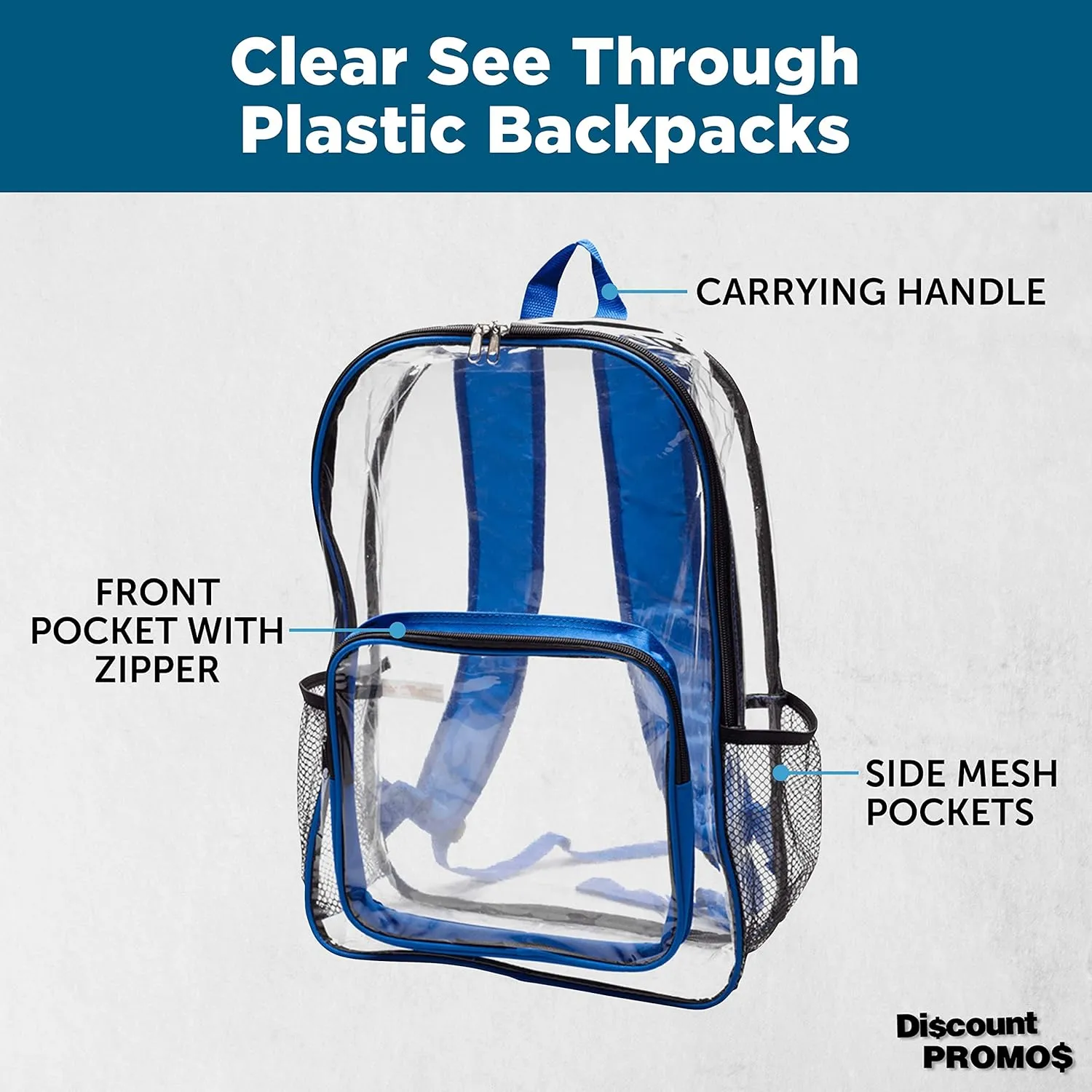 DISCOUNT PROMOS Heavy Duty Clear Plastic Backpacks Set of 6, Bulk Pack - PVC, Water Resistant, Great for Travel - Clear/Blue