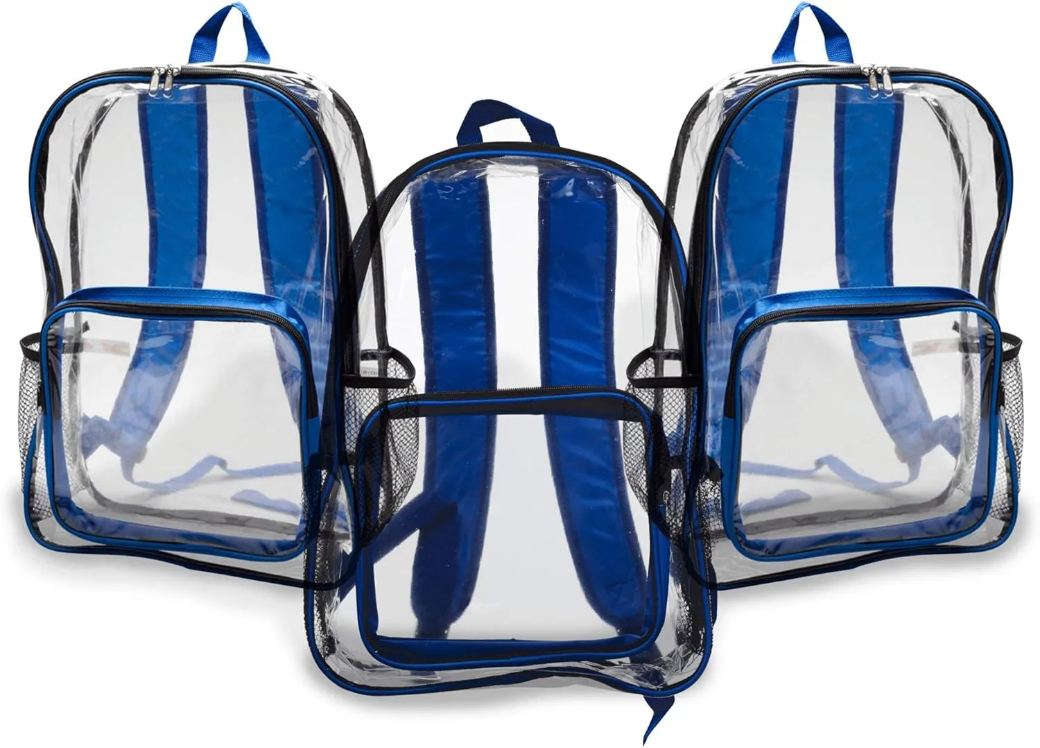 DISCOUNT PROMOS Heavy Duty Clear Plastic Backpacks Set of 6, Bulk Pack - PVC, Water Resistant, Great for Travel - Clear/Blue
