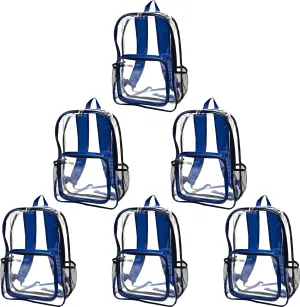DISCOUNT PROMOS Heavy Duty Clear Plastic Backpacks Set of 6, Bulk Pack - PVC, Water Resistant, Great for Travel - Clear/Blue