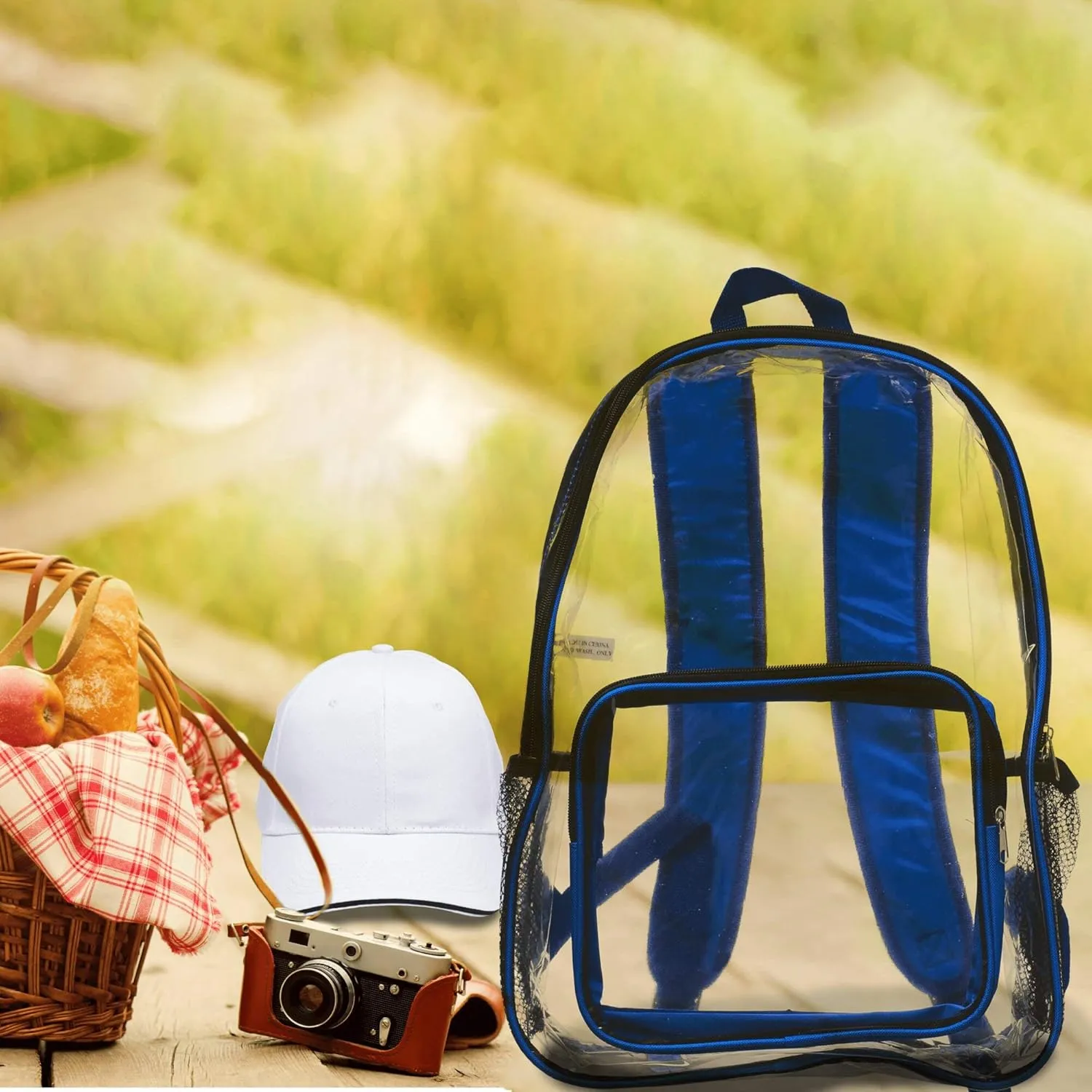 DISCOUNT PROMOS Heavy Duty Clear Plastic Backpacks Set of 6, Bulk Pack - PVC, Water Resistant, Great for Travel - Clear/Blue