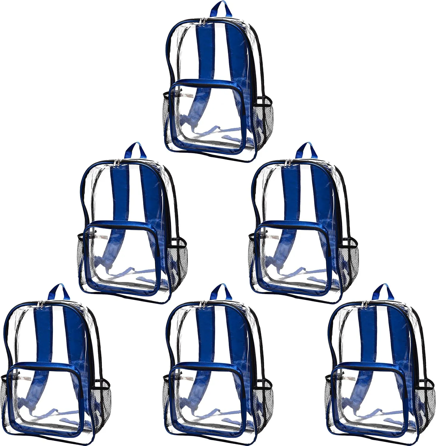 DISCOUNT PROMOS Heavy Duty Clear Plastic Backpacks Set of 6, Bulk Pack - PVC, Water Resistant, Great for Travel - Clear/Blue