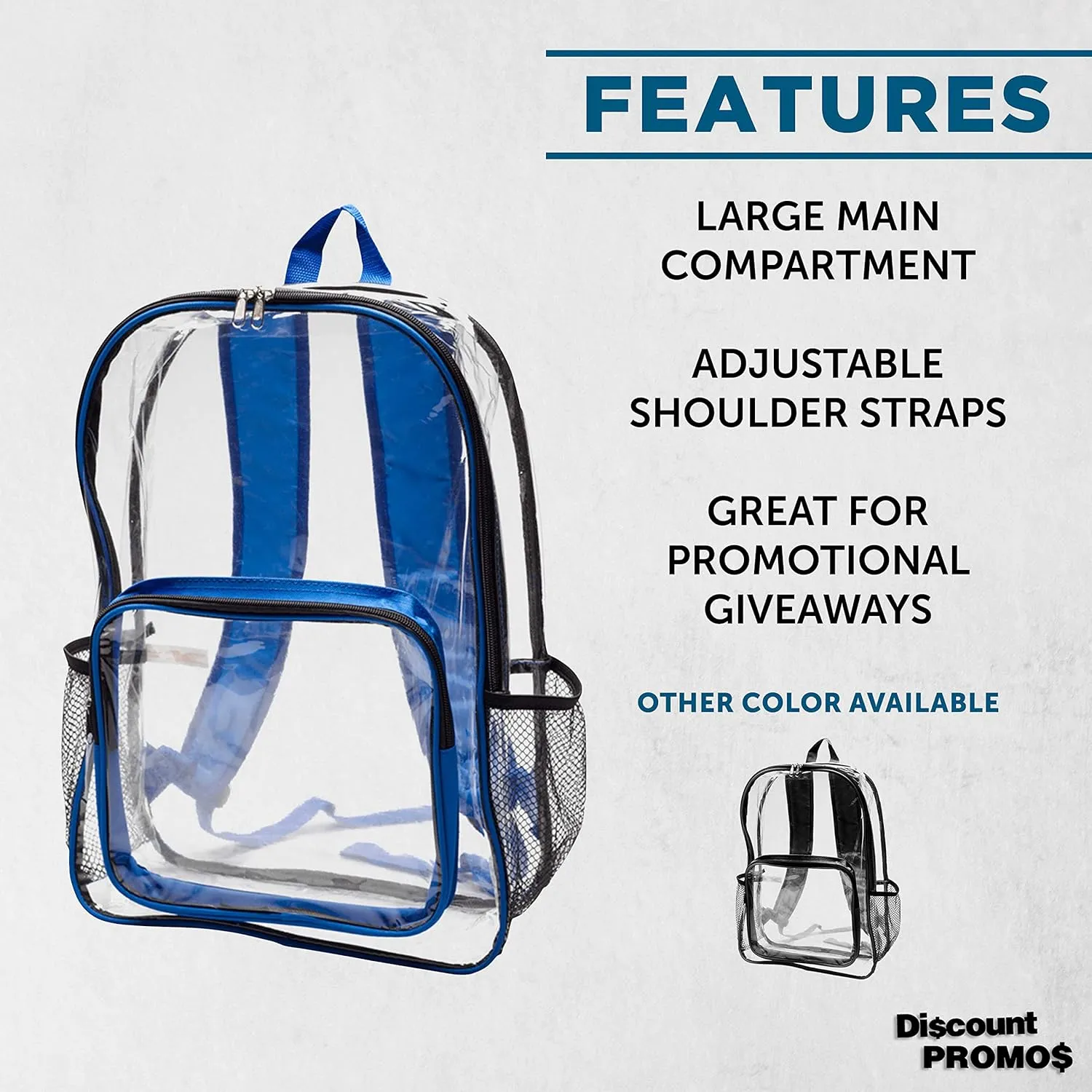 DISCOUNT PROMOS Heavy Duty Clear Plastic Backpacks Set of 6, Bulk Pack - PVC, Water Resistant, Great for Travel - Clear/Blue