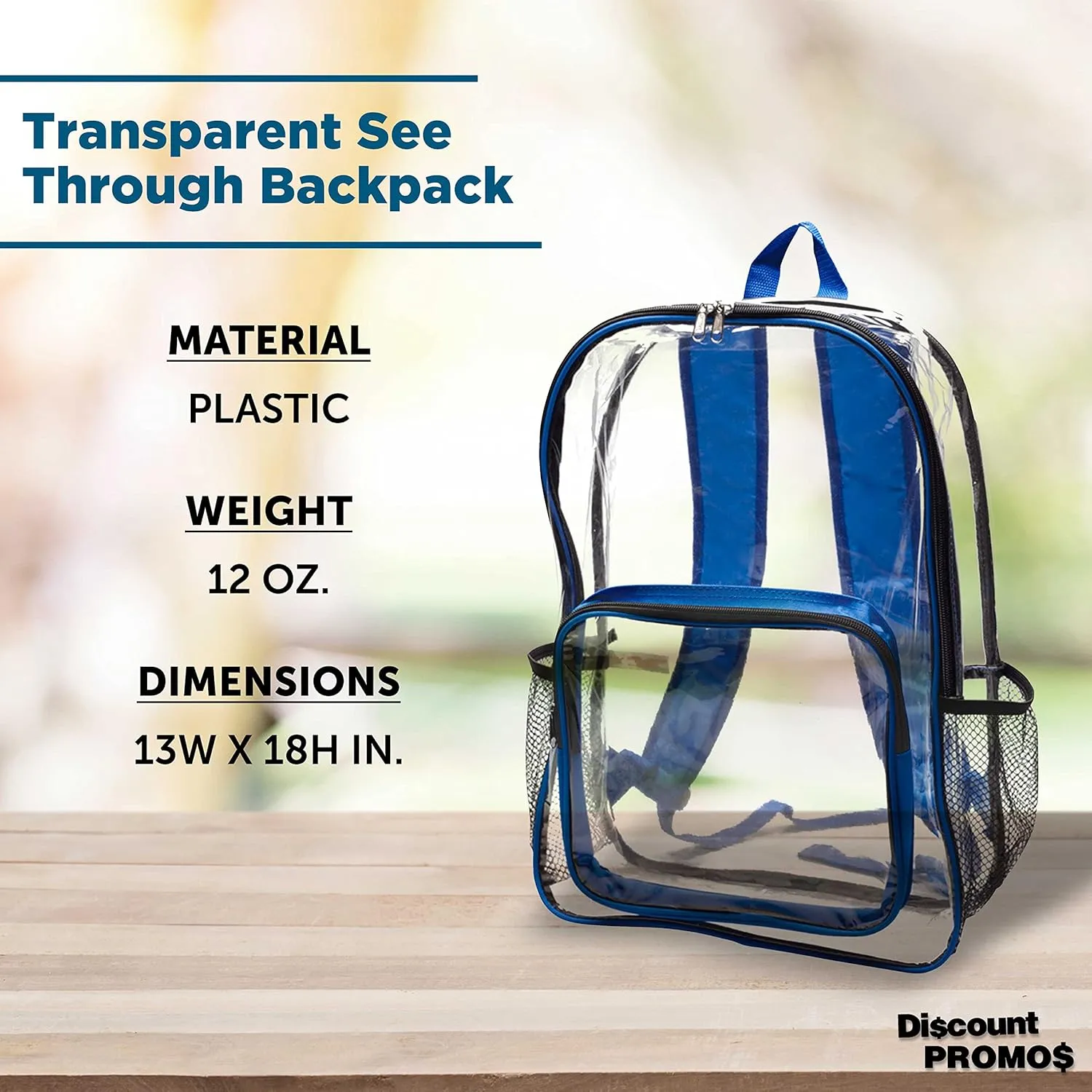 DISCOUNT PROMOS Heavy Duty Clear Plastic Backpacks Set of 6, Bulk Pack - PVC, Water Resistant, Great for Travel - Clear/Blue