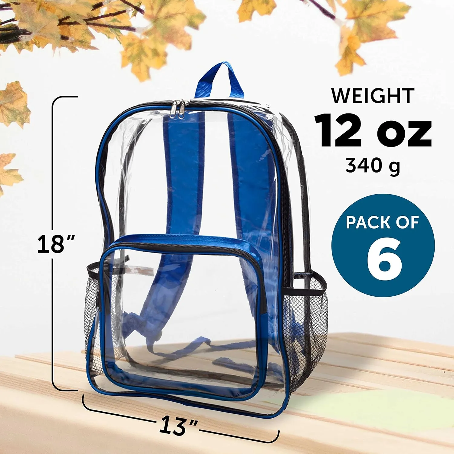 DISCOUNT PROMOS Heavy Duty Clear Plastic Backpacks Set of 6, Bulk Pack - PVC, Water Resistant, Great for Travel - Clear/Blue