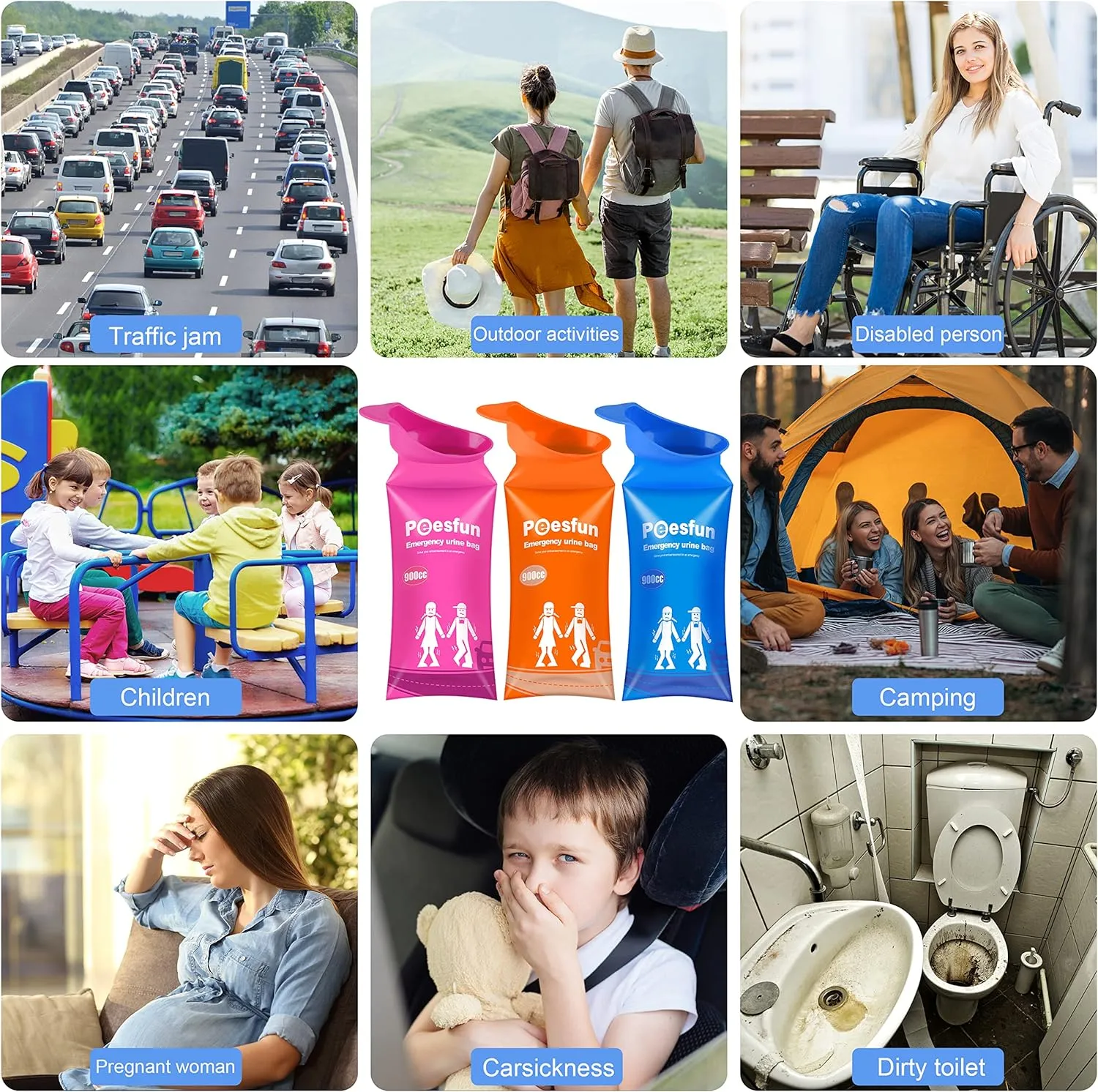Disposable Urinal Bag, 2024 Upgraded 900ML Emergency Urine Bag, Pee Bags for Travel, Urinals Portable for Car, Universal Urinal Bag for Men, Women and Children, Essential for Outdoor Travel