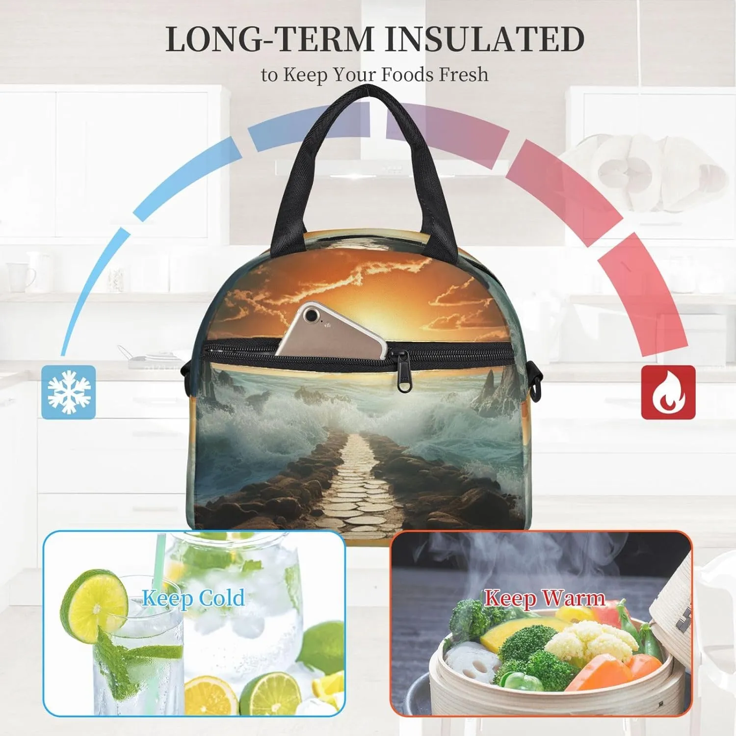 Divided Sea Pathway Lunch Bag Insulated Lunch Box for Women Men Reusable Lunch Tote Cooler Bag for Office Work