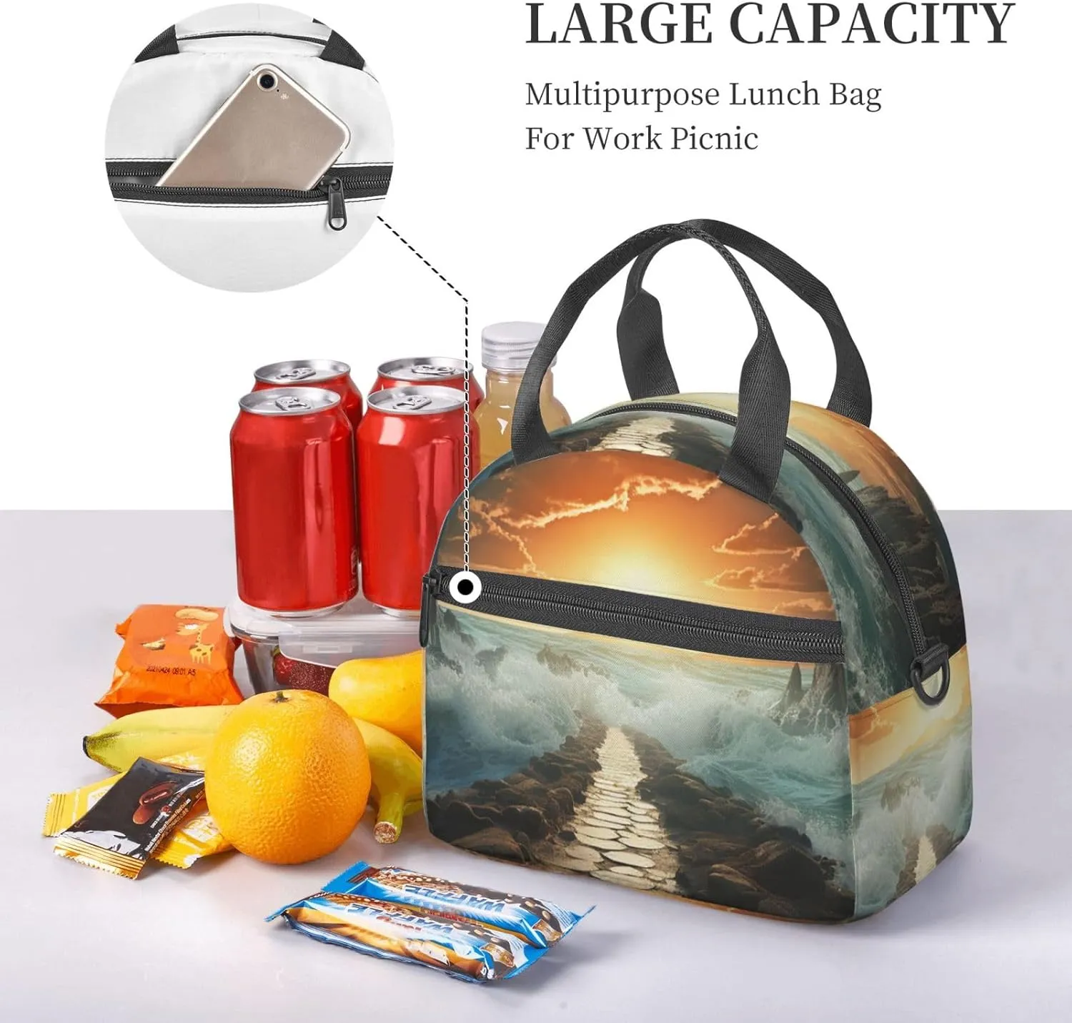 Divided Sea Pathway Lunch Bag Insulated Lunch Box for Women Men Reusable Lunch Tote Cooler Bag for Office Work