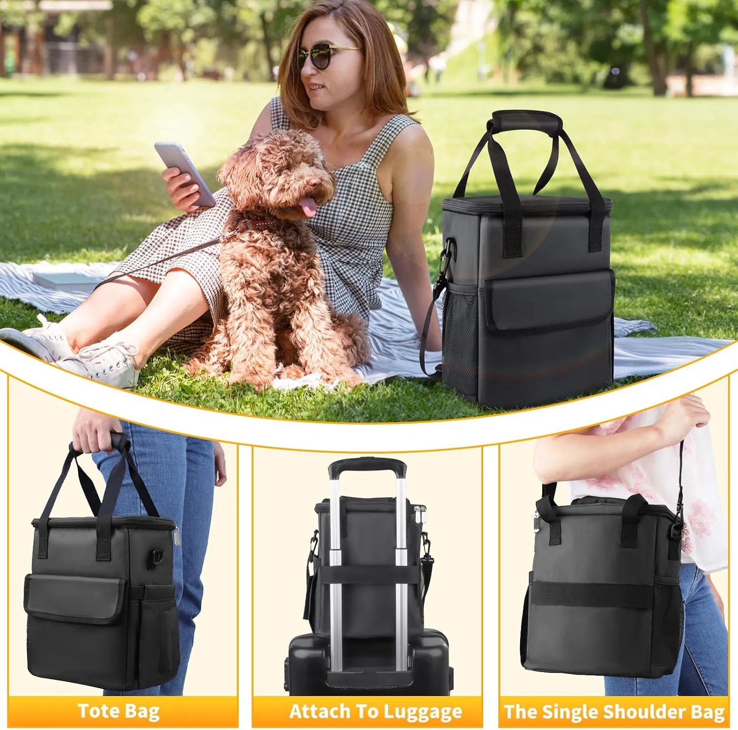 Dog Travel Bag for Camping - Weekend Pet Accessories With 2 Collapsible Bowls, 2 Food Containers, 1 Waterproof Feeding Mat - S, Black