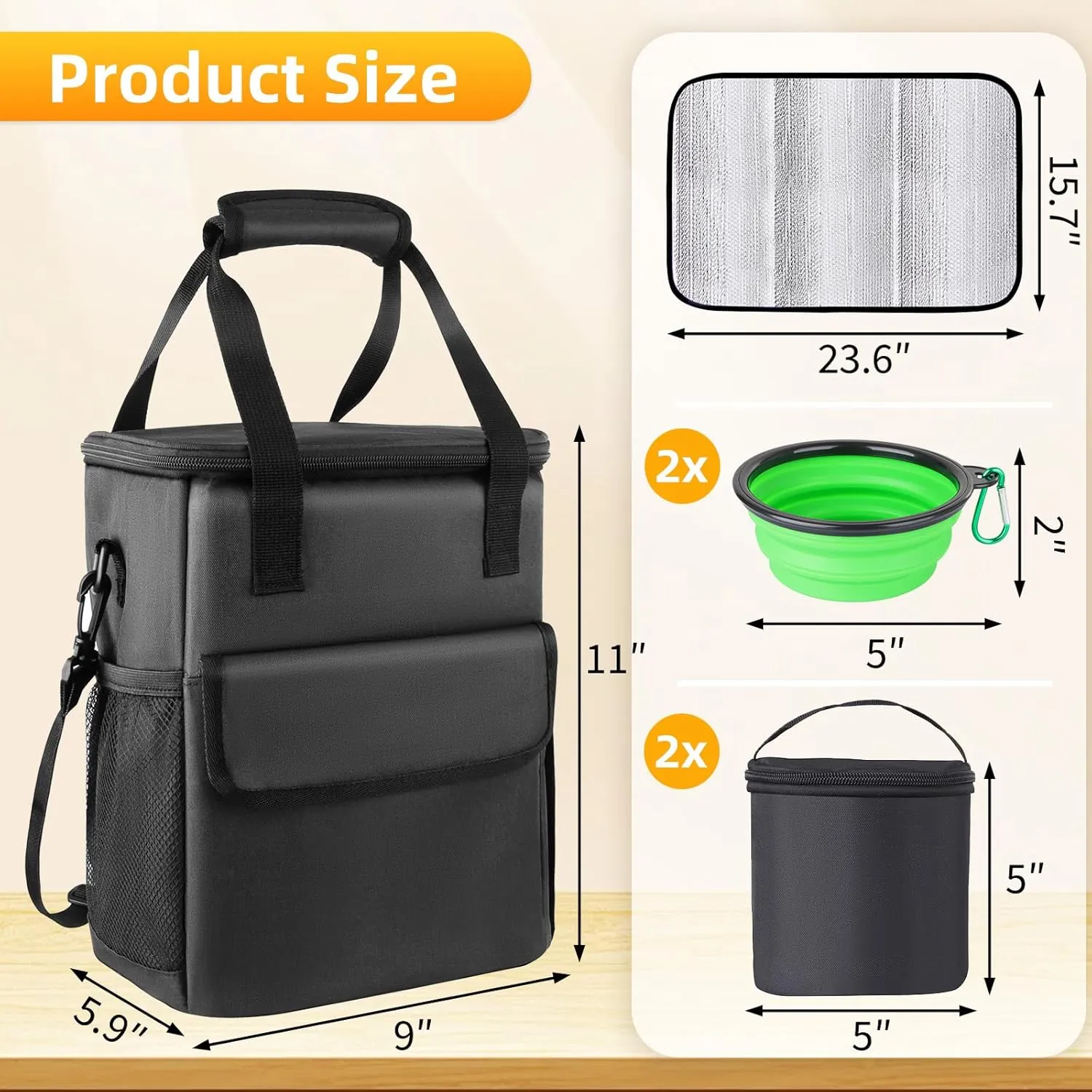 Dog Travel Bag for Camping - Weekend Pet Accessories With 2 Collapsible Bowls, 2 Food Containers, 1 Waterproof Feeding Mat - S, Black