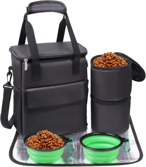 Dog Travel Bag for Camping - Weekend Pet Accessories With 2 Collapsible Bowls, 2 Food Containers, 1 Waterproof Feeding Mat - S, Black