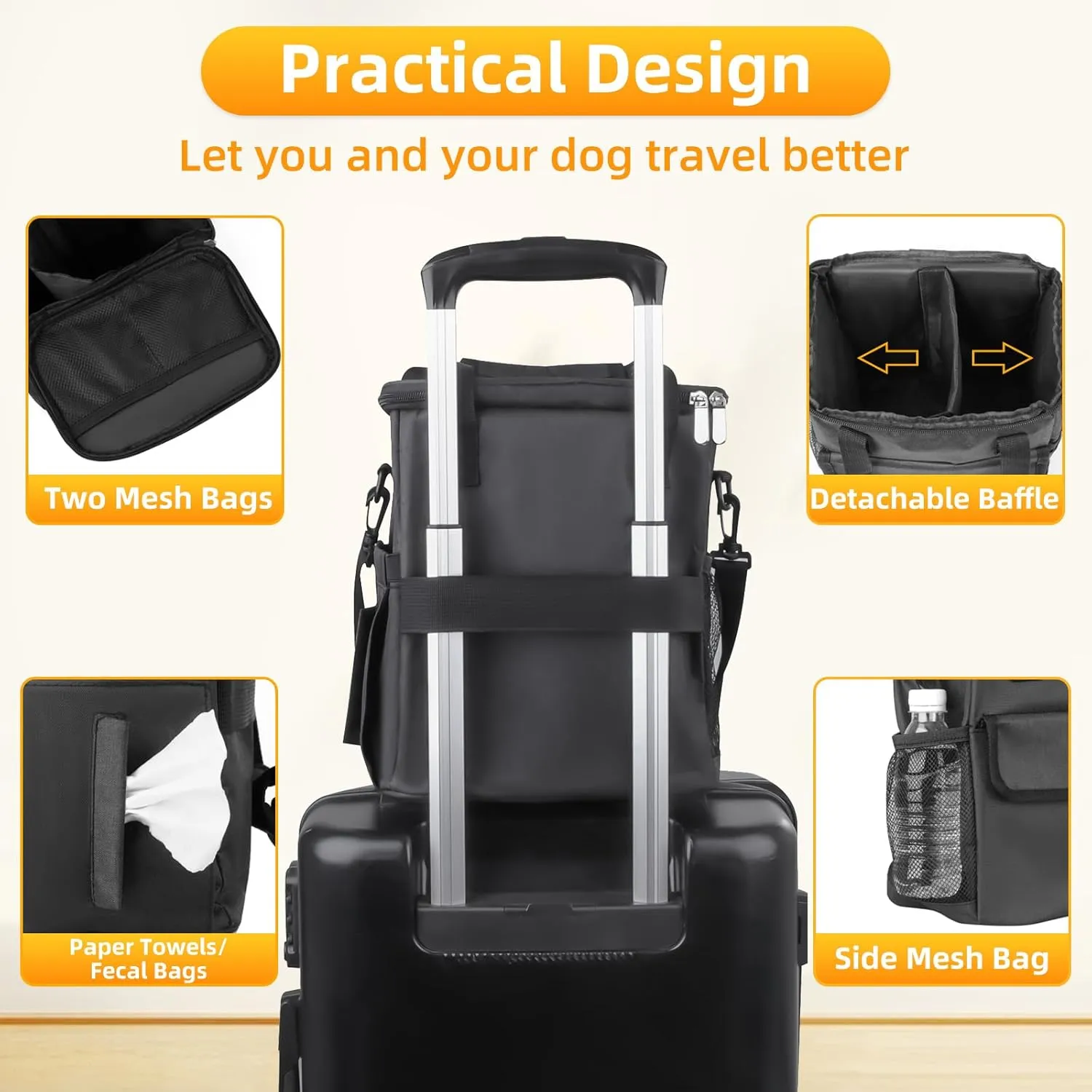Dog Travel Bag for Camping - Weekend Pet Accessories With 2 Collapsible Bowls, 2 Food Containers, 1 Waterproof Feeding Mat - S, Black