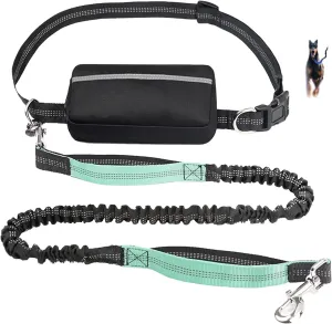Dog Walking Belt Bag with Adjustable Waist Belt, Hands Free Dog Leash with Zipper Pouch, Reflective Bungee Running Long Extendable Dogs Lead for Large Dogs Retractable Bungee(Lake Blue)