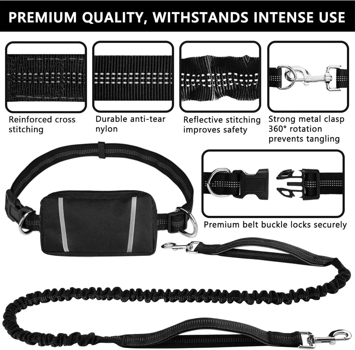 Dog Walking Belt Bag with Adjustable Waist Belt, Hands Free Dog Leash with Zipper Pouch, Reflective Bungee Running Long Extendable Dogs Lead for Large Dogs Retractable Bungee(Lake Blue)