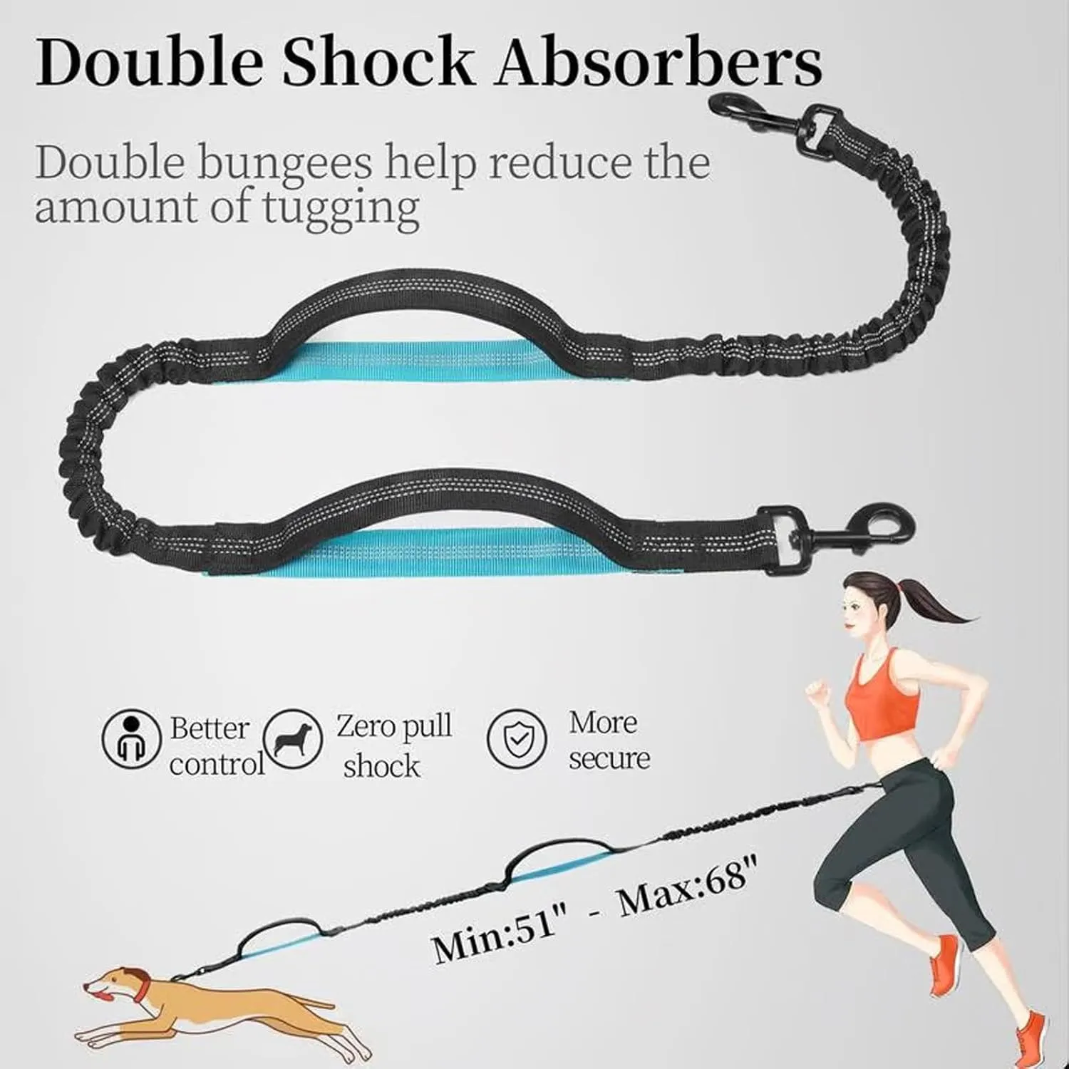 Dog Walking Belt Bag with Adjustable Waist Belt, Hands Free Dog Leash with Zipper Pouch, Reflective Bungee Running Long Extendable Dogs Lead for Large Dogs Retractable Bungee(Lake Blue)