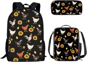 doginthehole Lightweight Backpack for School Kids Girls Aesthetic Sunflower Rooster Print Bookbag Insulated Lunch Bag and Pencil Case 3-in-1 School Backpack Daycare Bag for Teens Primary Middle School