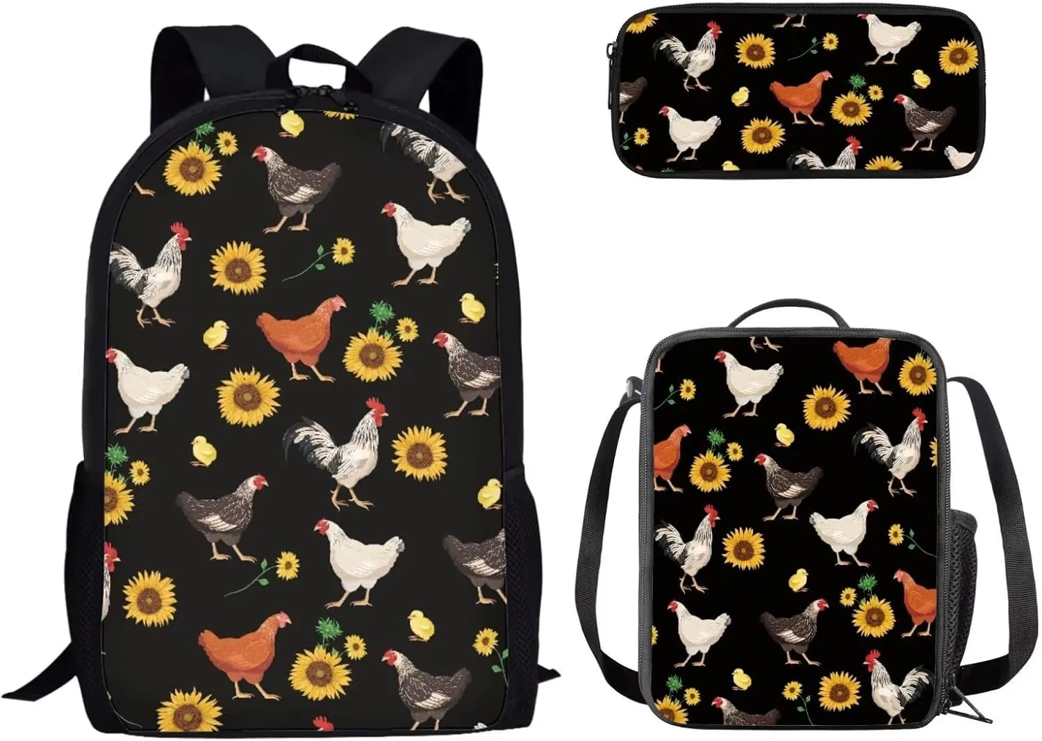 doginthehole Lightweight Backpack for School Kids Girls Aesthetic Sunflower Rooster Print Bookbag Insulated Lunch Bag and Pencil Case 3-in-1 School Backpack Daycare Bag for Teens Primary Middle School